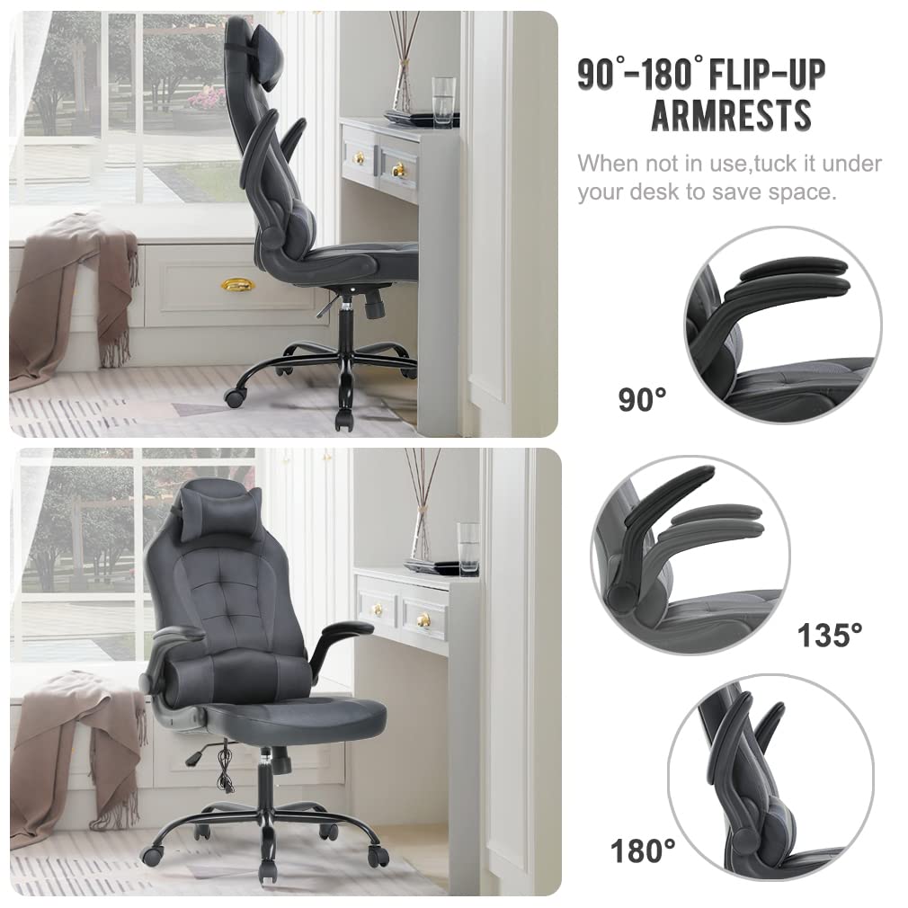 Ergonomic Gaming Chair with Lumbar Support & Headrest - High Back PU Leather Office Chair for Adults - Adjustable Racing Style Computer Desk Chair with Massage Function & Swivel Base - Perfect for Home Office, Gaming Setup & Workstation Comfort (Grey)