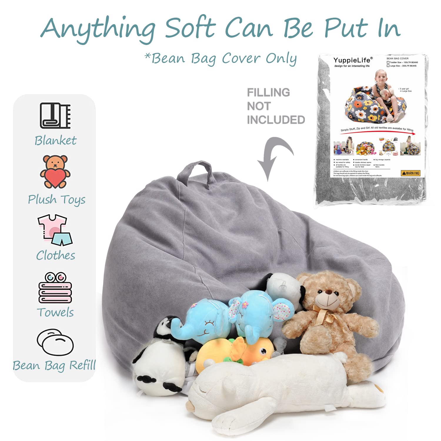 YuppieLife Extra Large 38'' Stuffed Animals Bean Bag Chair Cover - Grey (Just Cover, No Filling) | Kids Toy Storage & Organization | Perfect for Playrooms, Bedrooms & Daycare Centers