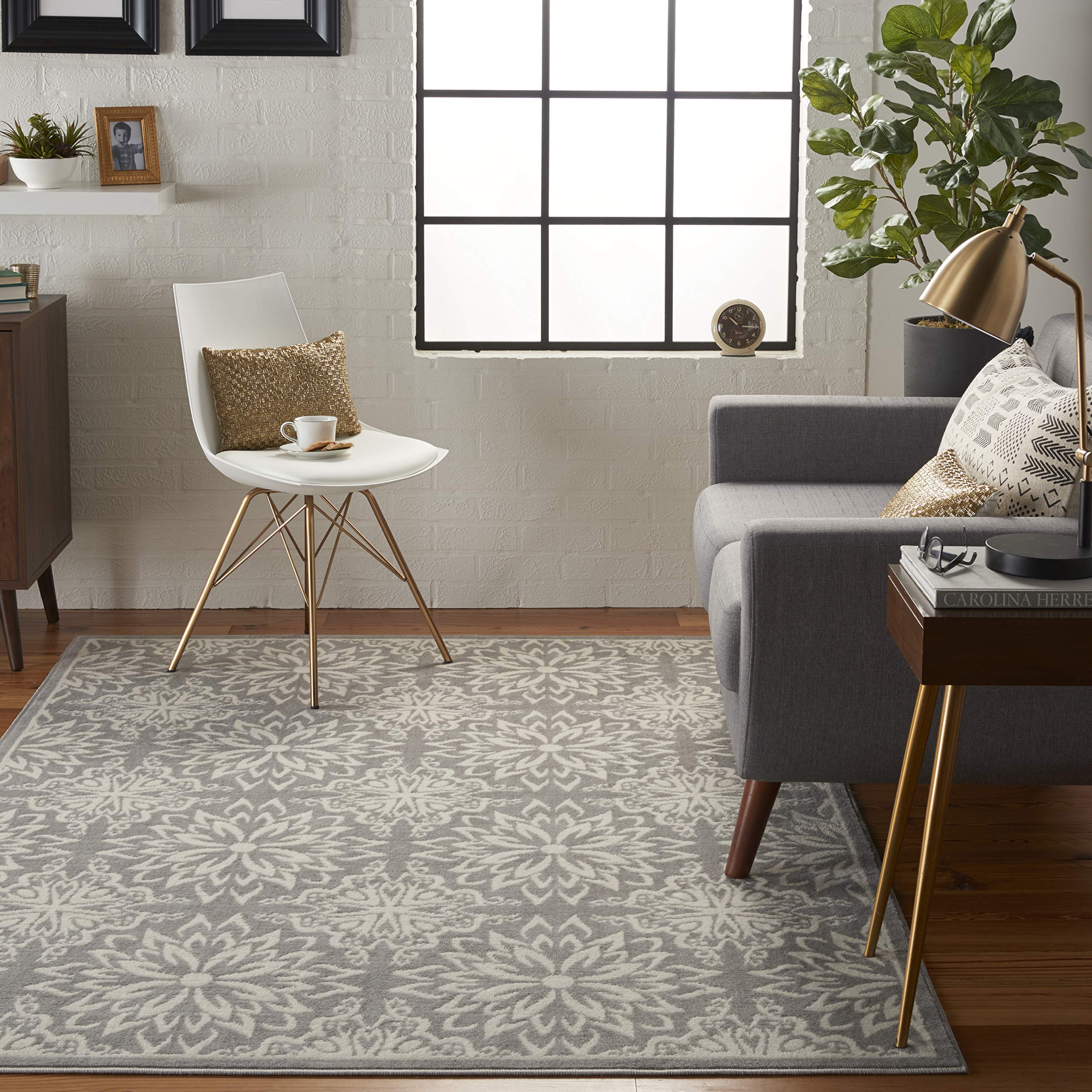 Nourison Jubilant Floral Ivory/Grey 6' x 9' Area Rug - Easy Cleaning, Non-Shedding, Stain Resistant for Bedroom, Living Room, Dining Room & Kitchen | Perfect for Home Decor, Family Gatherings & Pet-Friendly Spaces (6x9)