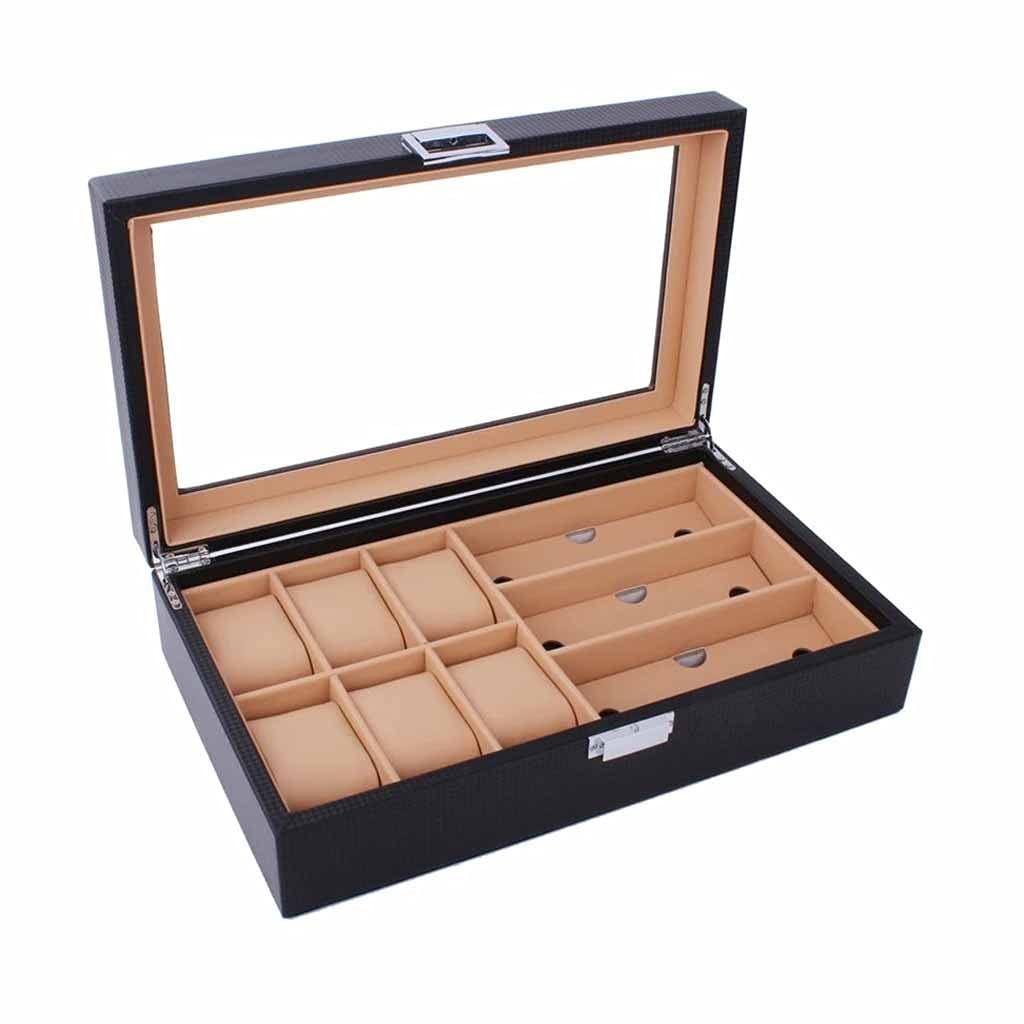 Premium 6/8 Grid Watch Box - PU Leather & Carbon Fiber Jewelry Organizer for Watches, Sunglasses & Accessories | Portable Display Case for Travel, Home & Office Storage