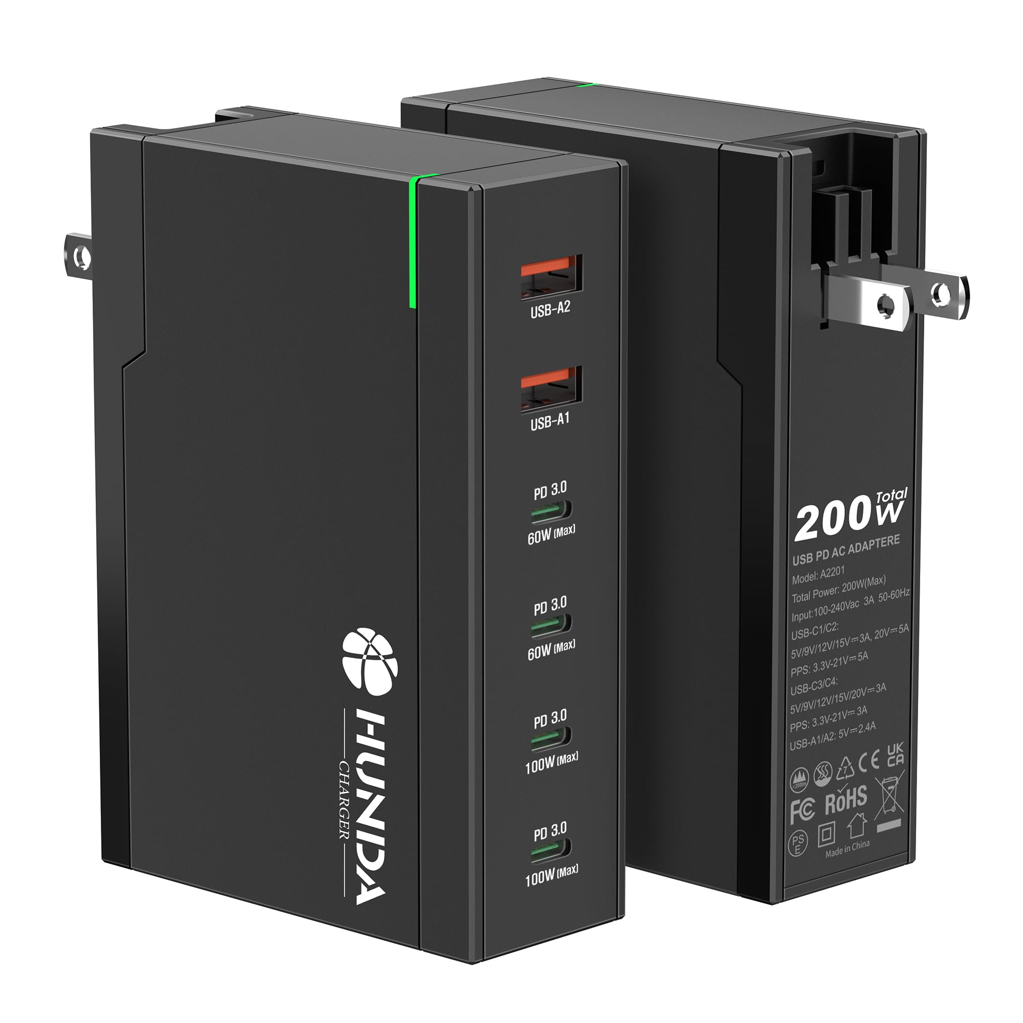 HUNDA 200W GaN USB C Charging Station - 6 Port Fast PD 100W Desktop Adapter for MacBook Pro/Air, iPhone 15/14, Galaxy S24/S23 - Supports PD3.0/PPS 45W/QC5 - Perfect for Home, Office & Travel Charging Multiple Devices Simultaneously