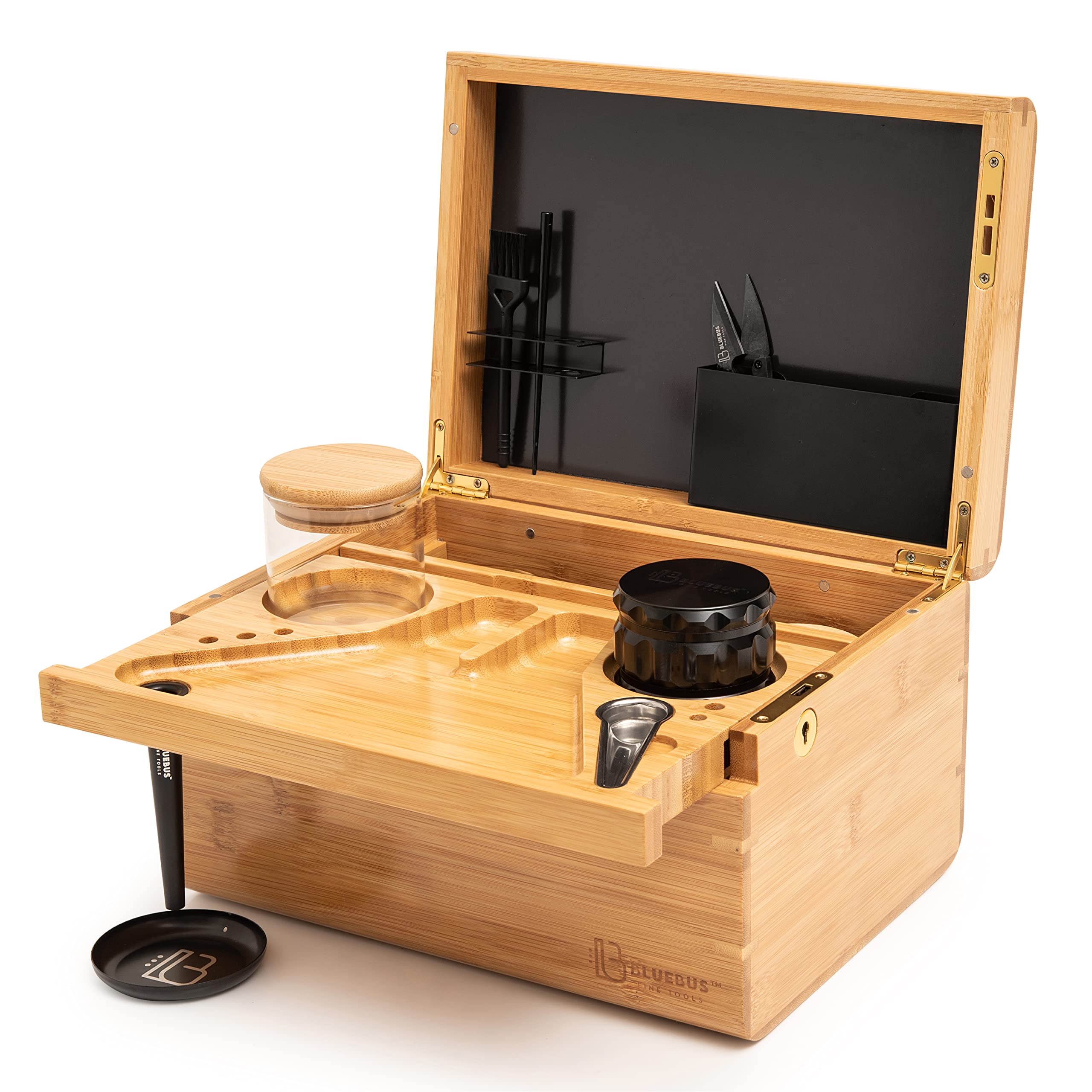 Premium Bamboo Storage Box with Lock & Sliding Wooden Tray - Blue Bus DISCOVERY Large Wooden Organizer Box (10.8