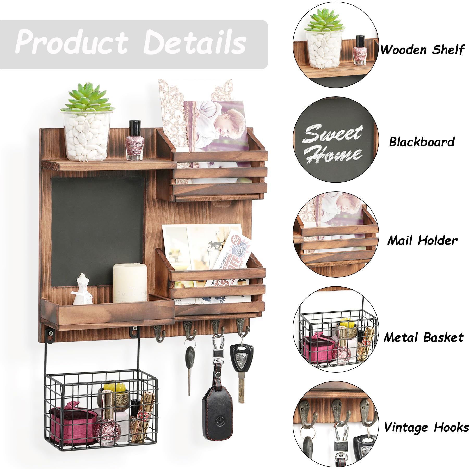 QILICHZ Wall Mount Key Holder & Mail Organizer - 4 Hooks & 2 Mail Slots for Keys, Letters, Bills - Perfect for Entryway, Office, or Home Organization