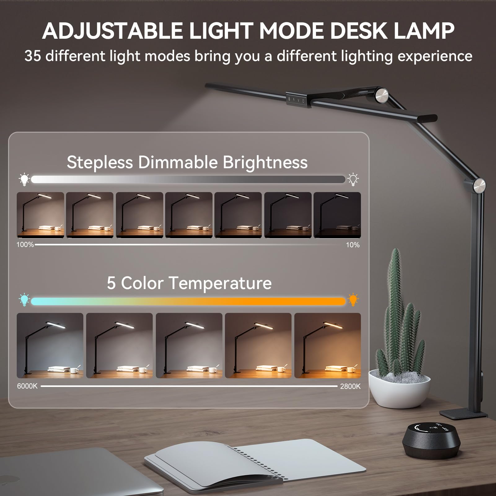LED Desk Lamp with Clamp - 24W Eye-Caring Table Lamp with Remote Control, 7 Dimming & 5 Color Modes, Timer & USB Charging Port - Adjustable Touch Light for Home Office, Study, Reading and Work