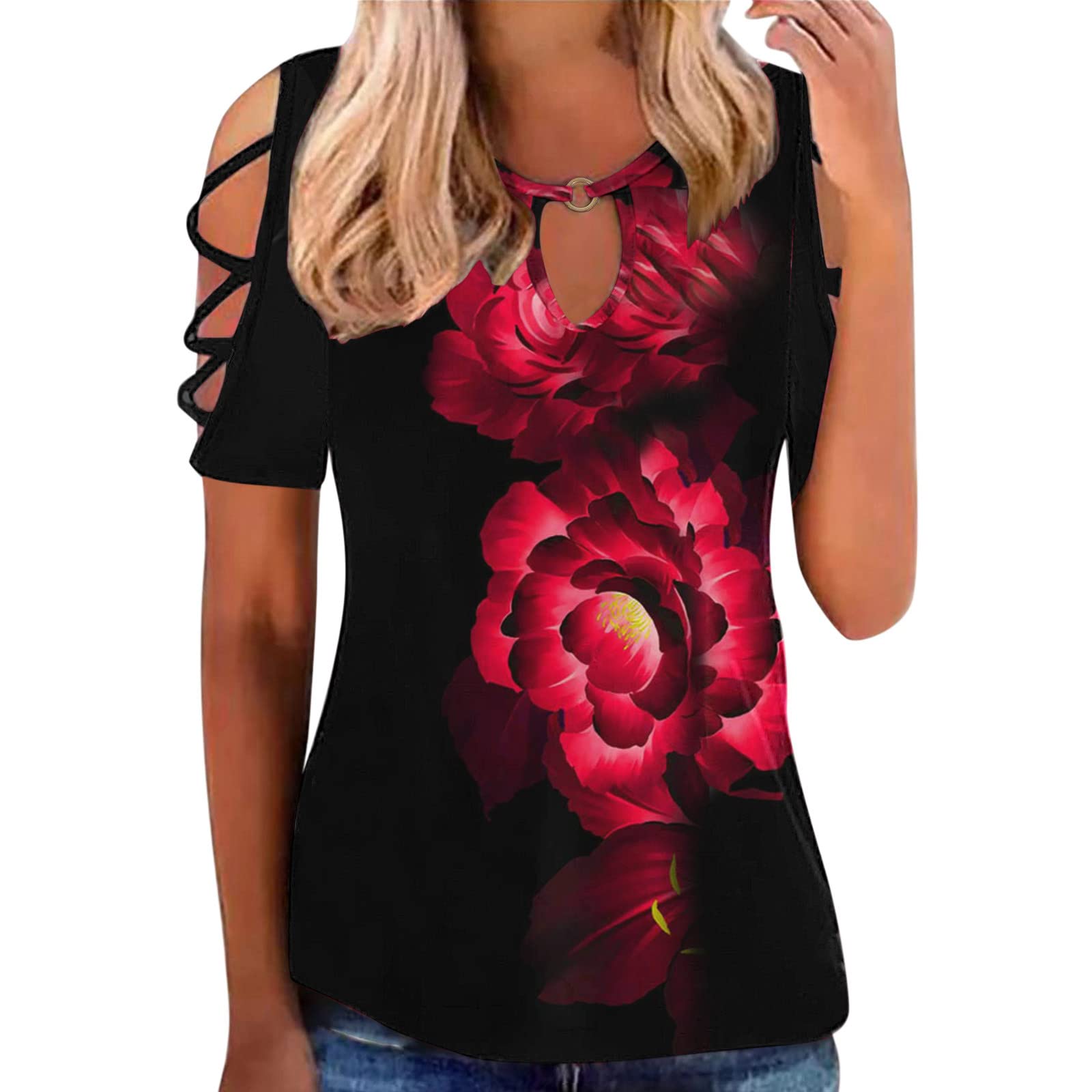 Women's Hollow Out Short Sleeve T-Shirt - Crewneck Cold Shoulder Casual Top for Summer | Sexy Layering Tee | Perfect for Beach, Party & Everyday Wear