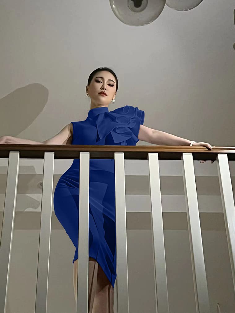 XXTAXN Women's Cocktail Bodycon Dress - Ruffle Sleeveless Formal Midi Pencil Dress in Royal Blue | Perfect for Evening Parties, Weddings & Office Events