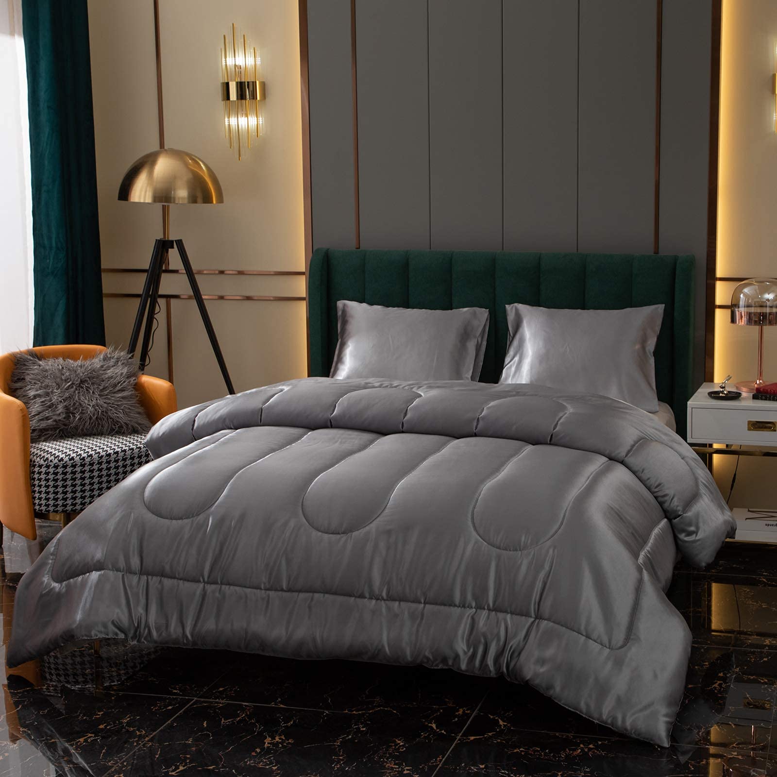 Luxury Satin Comforter Set Queen Size - Soft Grey Silky Bedding with 2 Pillowcases for Ultimate Comfort | Perfect for Master Bedroom, Guest Room & Cozy Nights