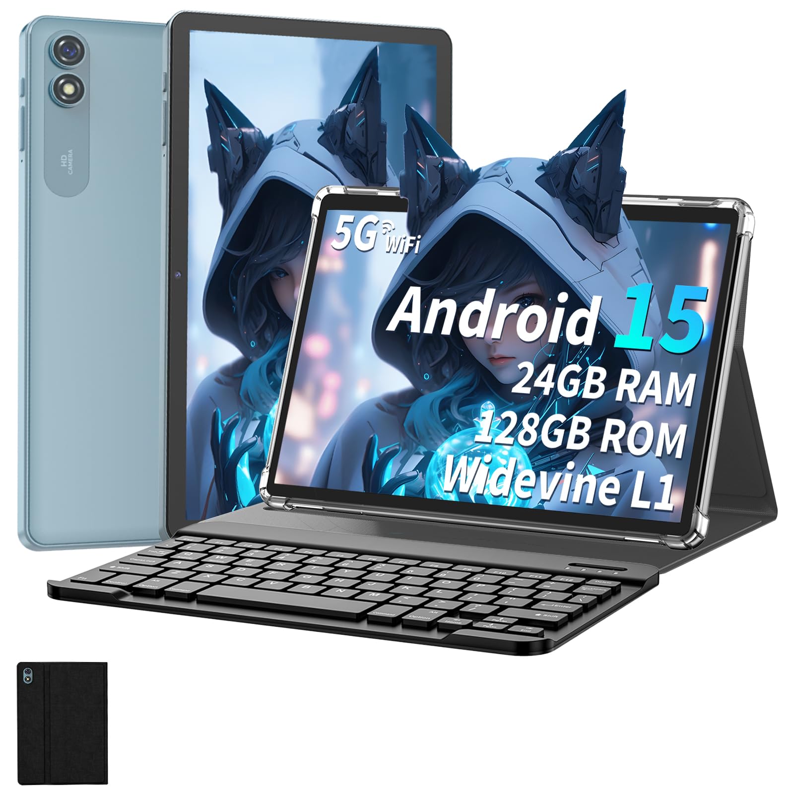 2025 10-Inch Android 15 Tablet with Keyboard - 24GB RAM 128GB ROM (1TB Expandable) Octa-Core 5G Tablet - 8000mAh Battery, WiFi 6, Bluetooth 5.0 - Includes Case, Mouse & Stylus - Perfect for Work, Study & Entertainment (Black)