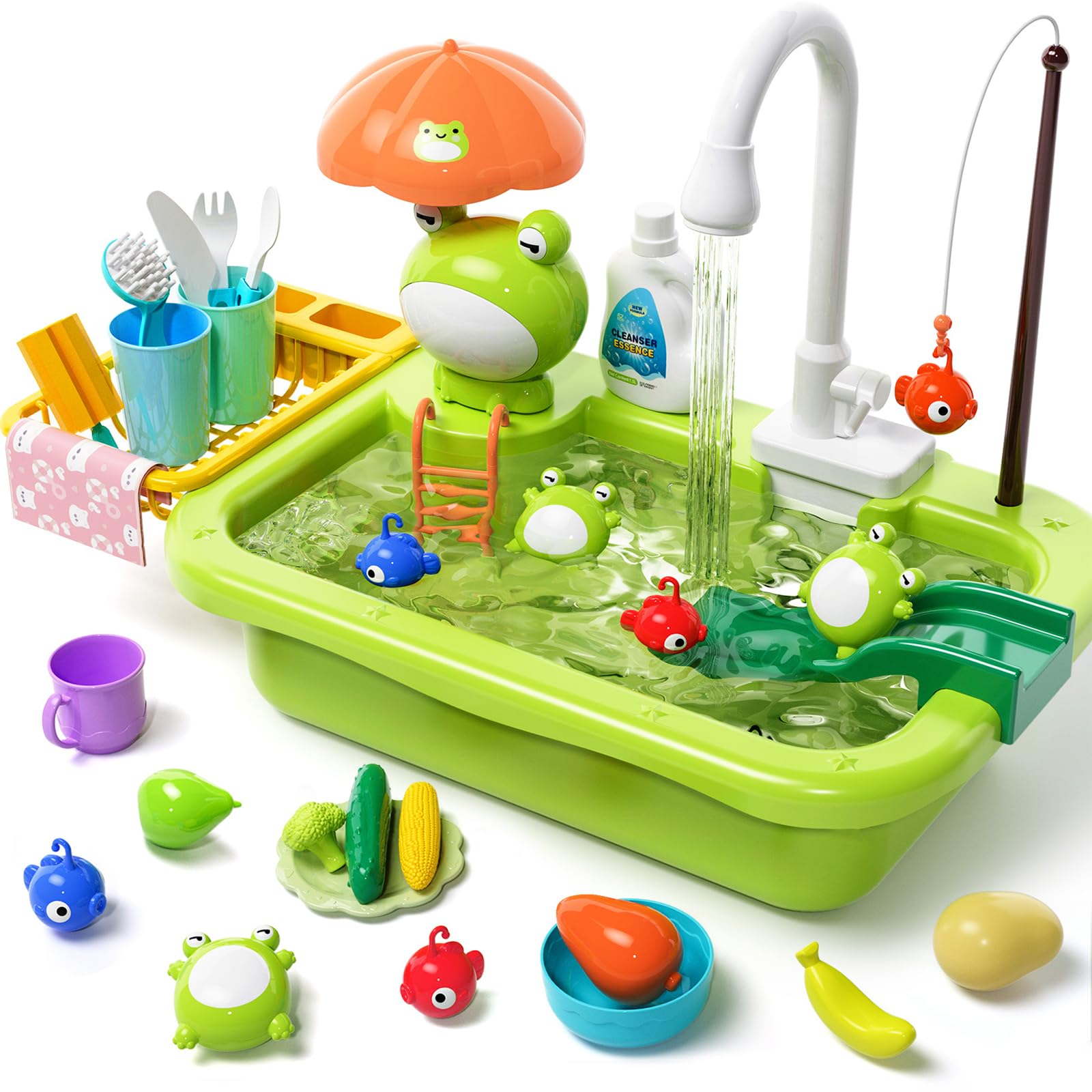 **Kids Pretend Play Sink Toy with Electric Running Water - Interactive Kitchen Play Set with Faucet, Dishwasher & Fishing Game for Toddlers, Boys & Girls - Perfect for Indoor Play, Pool Fun & Role-Playing Activities**
