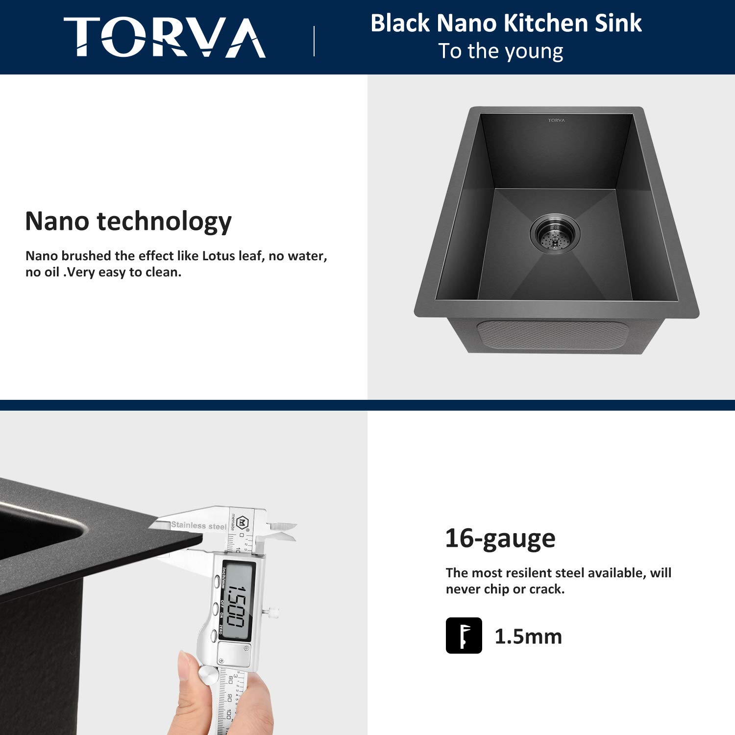 TORVA 14 x 14 Inch Undermount Bar Sink - Gloss Black Ceramic Coating with NanoTek Technology & Pull Down Kitchen Faucet | Perfect for Small Kitchens, Wet Bars, Coffee Stations & Outdoor BBQ Areas