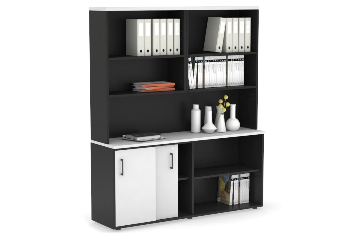 Modern 2-Door Sliding Credenza with Open Storage Hutch - Stylish Home Office & Living Room Furniture for Organization & Display