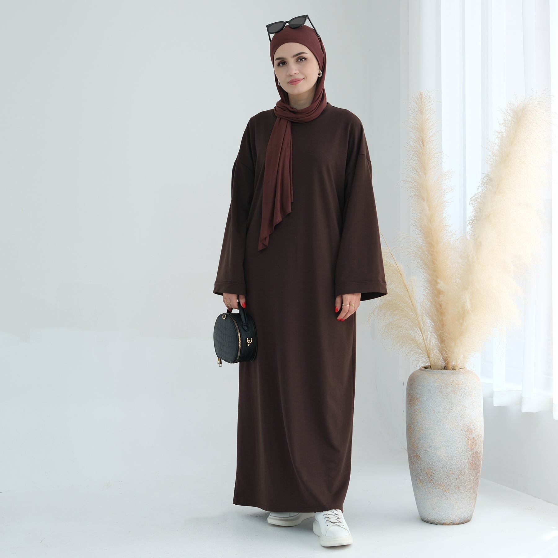 Ava Knit Maxi Dress in Coffee - Elegant Long Sleeve Flowy Dress for Women, Perfect for Fall/Winter, Date Nights, and Special Occasions