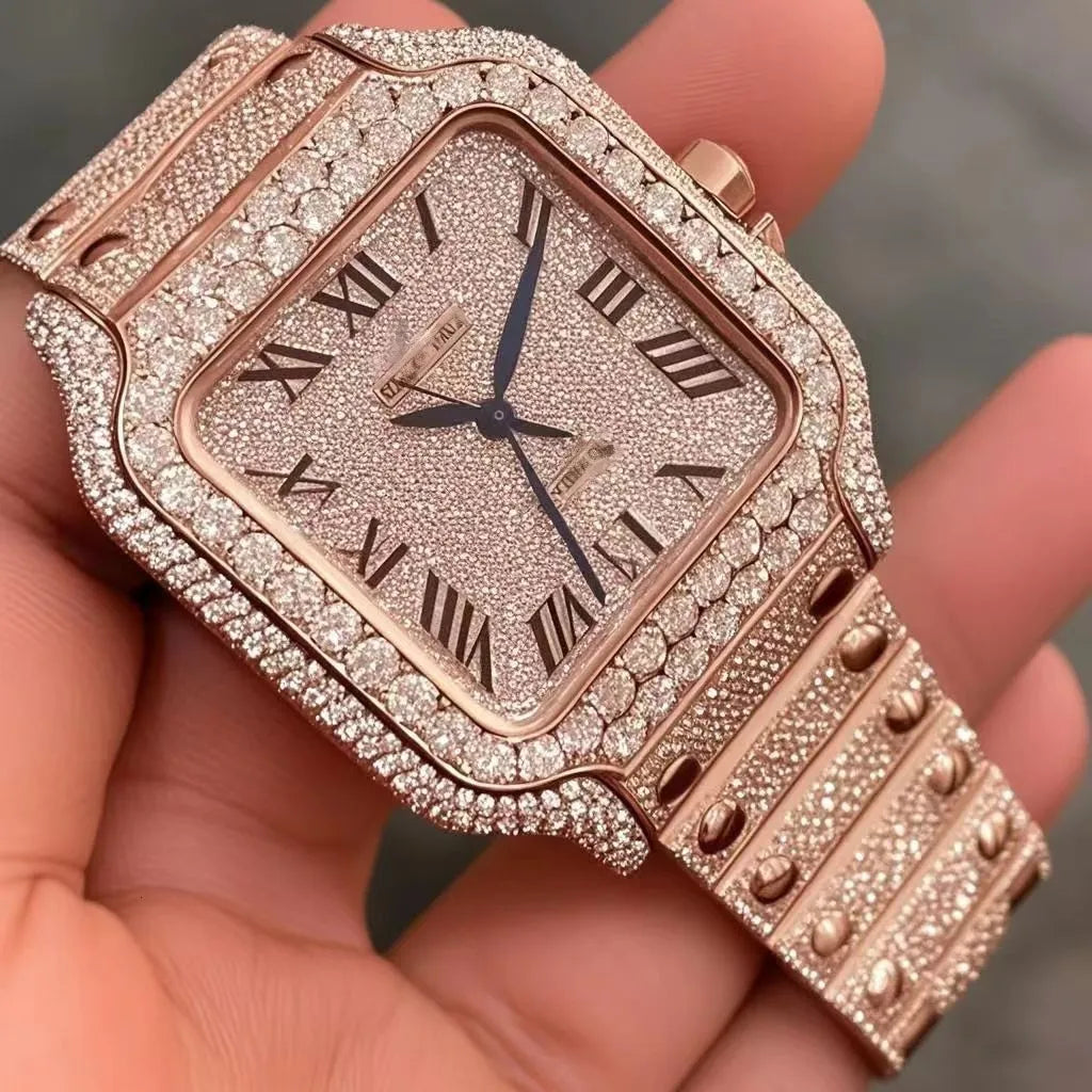 8 Iced Out Diamond Moissanite Pink Watch for Women - Luxury Rose Gold Plated Fashion Watch - Perfect for Parties, Weddings & Special Occasions