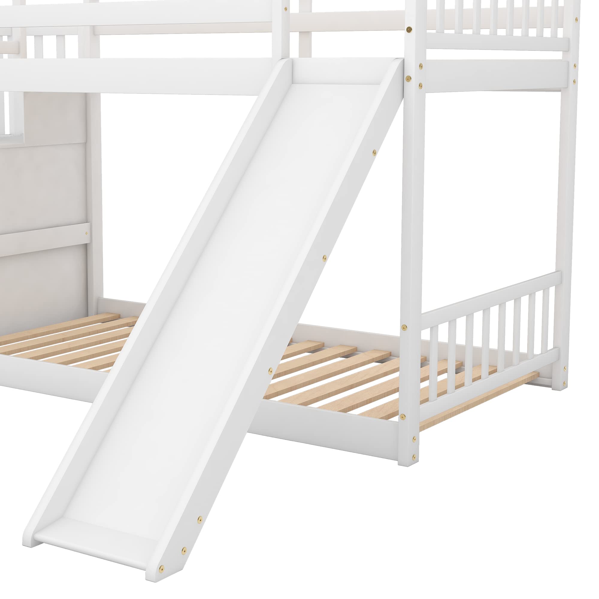 Harper & Bright Designs Twin Bunk Bed for Kids - Wooden Low Bunk Bed with Slide & Stairway - White - Perfect for Kids' Bedroom, Playroom & Space-Saving Solutions