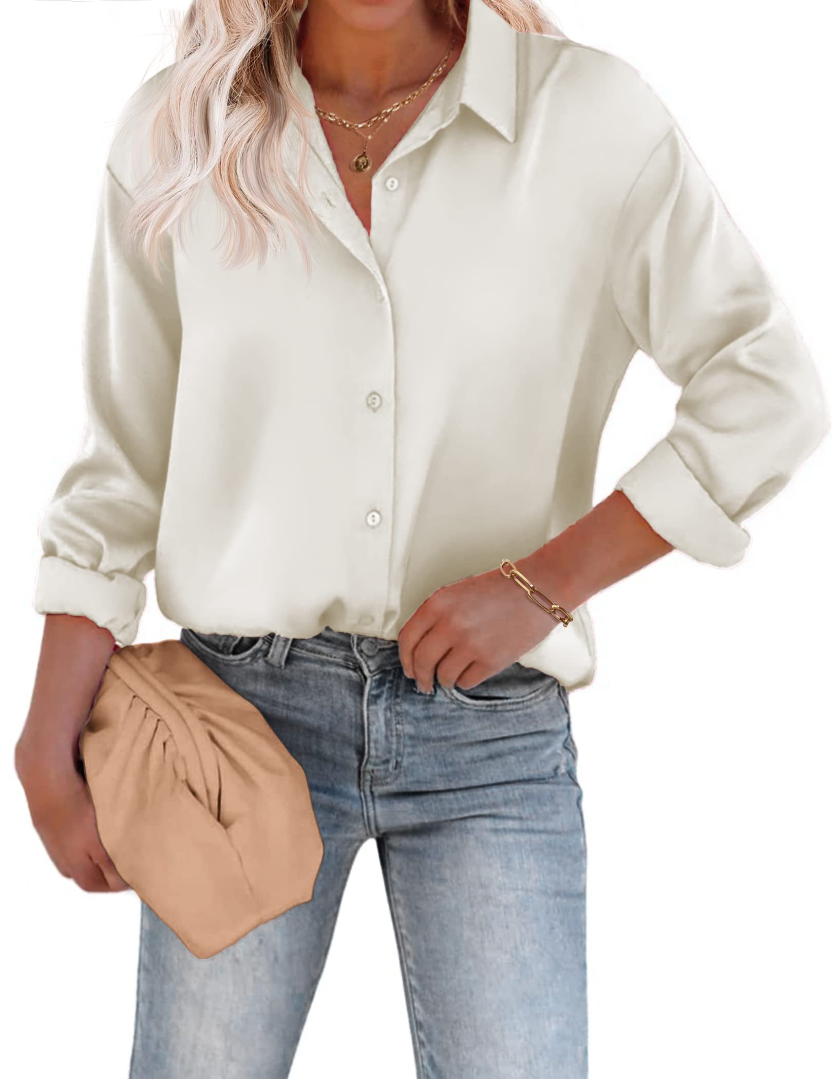 Chigant Women's Satin Silk Blouse - Button Down Long Sleeve Shirt for Office Work & Casual Wear - Elegant Loose Tunic Top for Business, Dating and Special Occasions