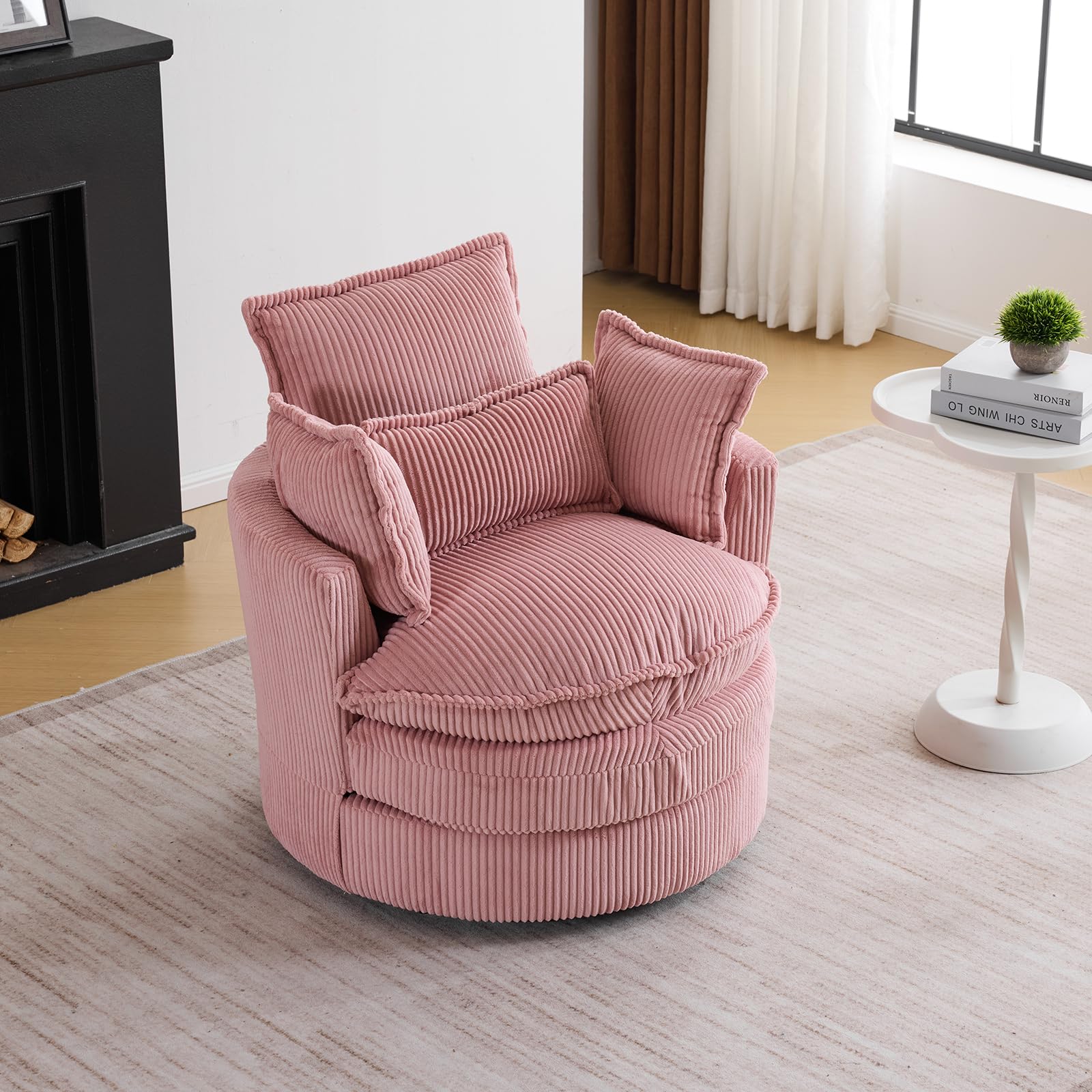 Karl Home 360-Degree Swivel Barrel Chair - Modern Corduroy Lounge Armchair with 3 Pillows, Comfortable Round Accent Sofa for Living Room, Bedroom, Hotel | Perfect for Small Spaces, Reading Nooks & Cozy Corners (Pink)