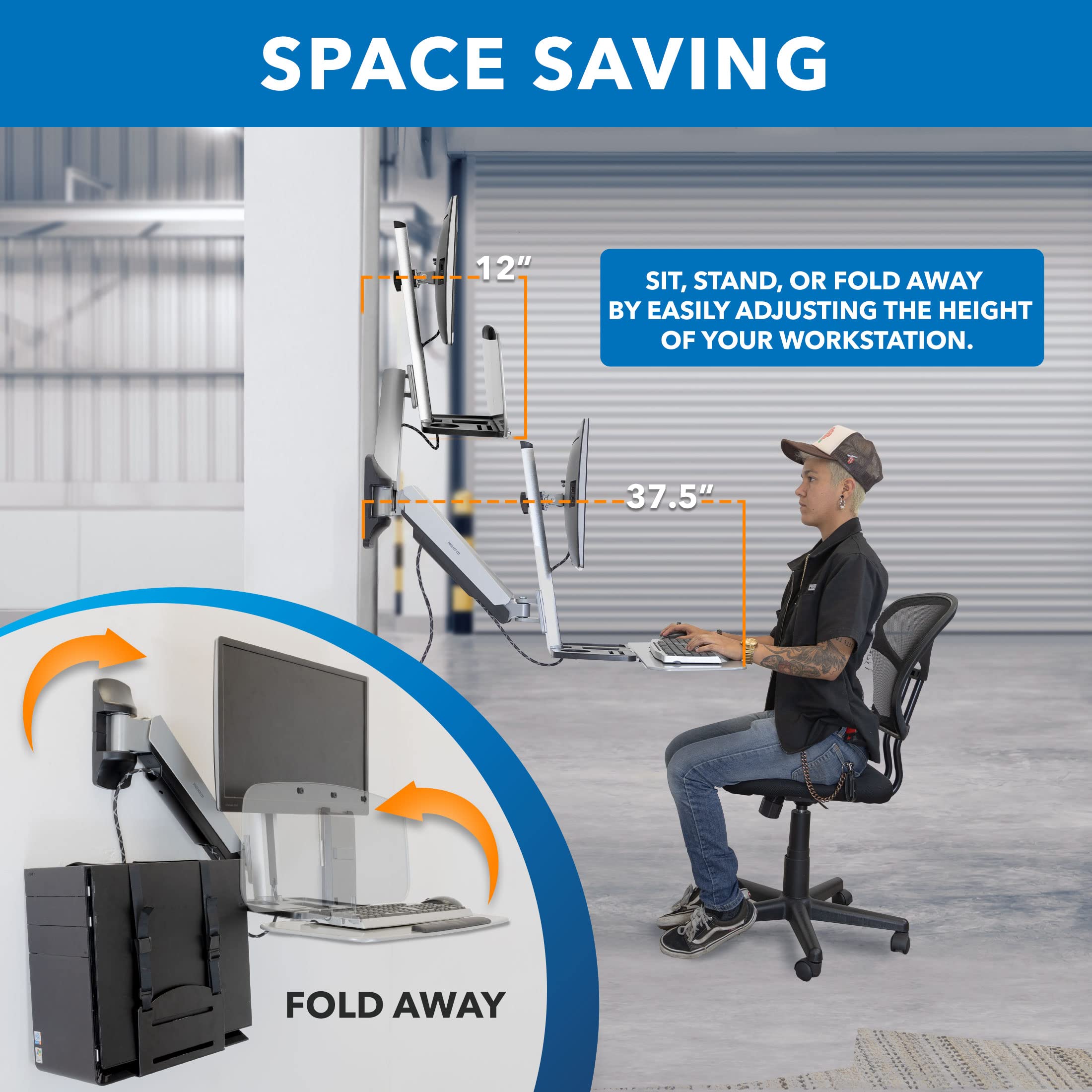 Mount-It! Adjustable Height Sit Stand Wall Mount Workstation - Ergonomic Computer Desk with Articulating Monitor Arm, Keyboard Tray & CPU Holder - VESA 75x75/100x100 (MI-7905) - Perfect for Home Office, Gaming Setup & Workspace Organization