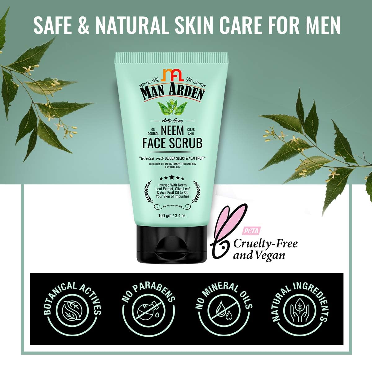 Man Arden Anti Acne Neem Face Scrub - Oil Control & Clear Skin Treatment with Jojoba Seeds, Neem Extract, Olive Leaf & Acai Fruit Oil - 100g Exfoliating Face Wash for Men - Perfect for Daily Skincare Routine & Acne-Prone Skin