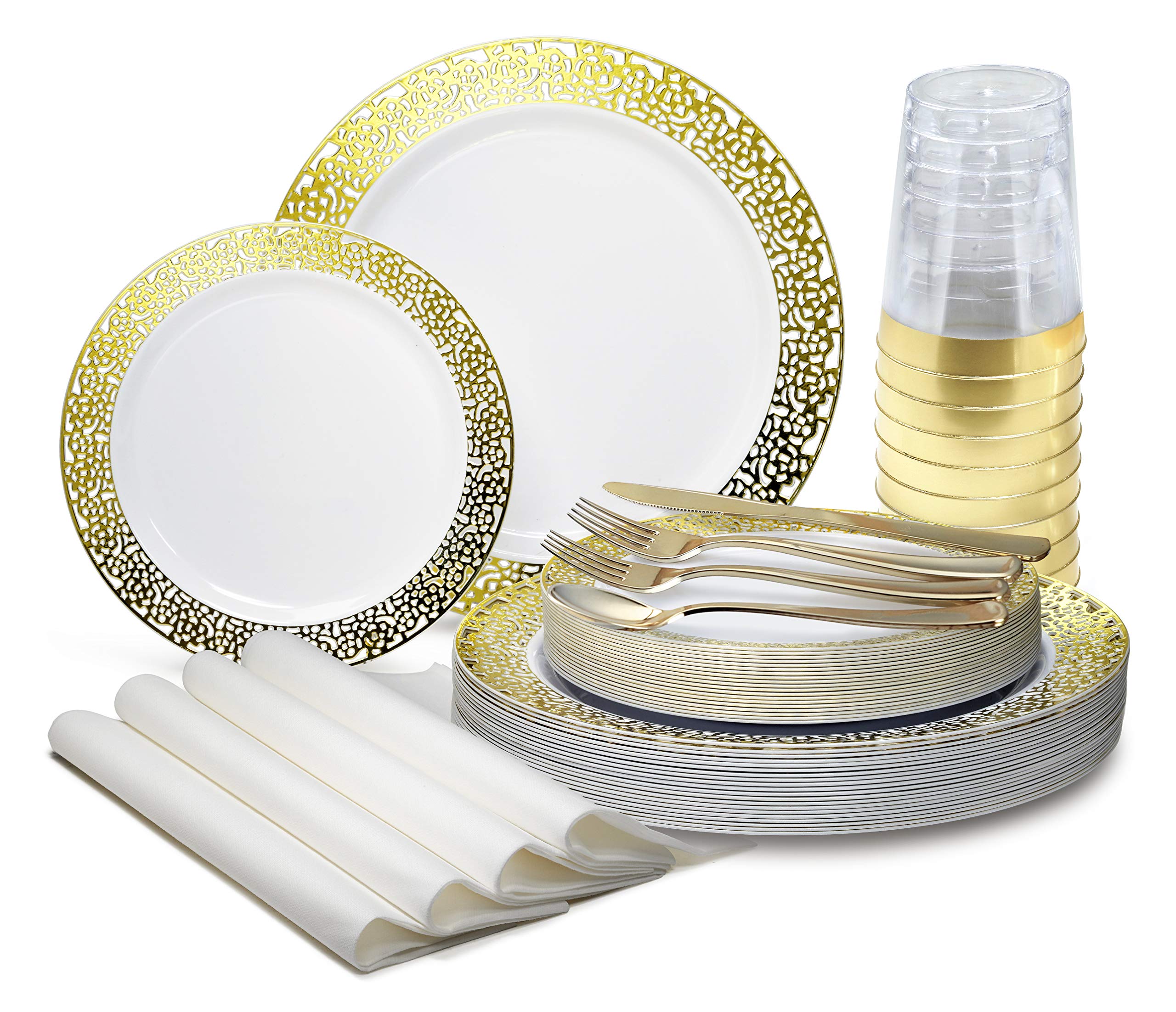 960-Piece Disposable Plastic Wedding Party Plate Set - 120 x 10.25'' Dinner Plates, 120 x 7.5'' Dessert Plates, Silverware, Cups & Napkins in Florence White & Gold - Perfect for Weddings, Bridal Showers & Large Events