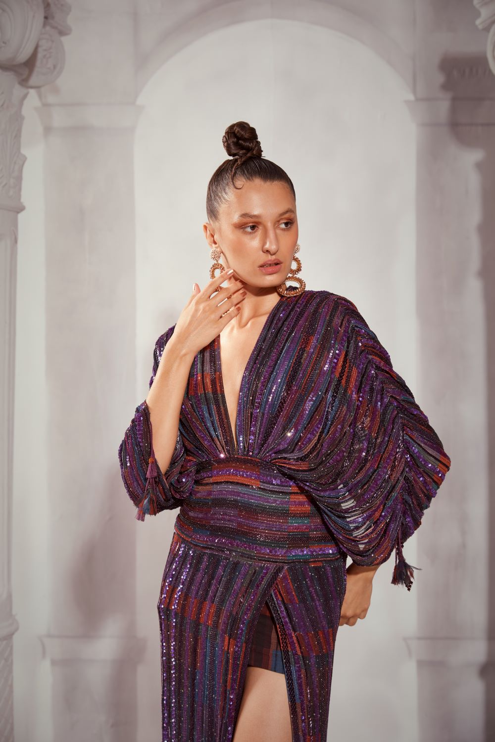 Stylish Tangerine Tile Print Embellished Slit Dress for Women - Perfect for Evening Parties, Cocktail Events & Special Occasions