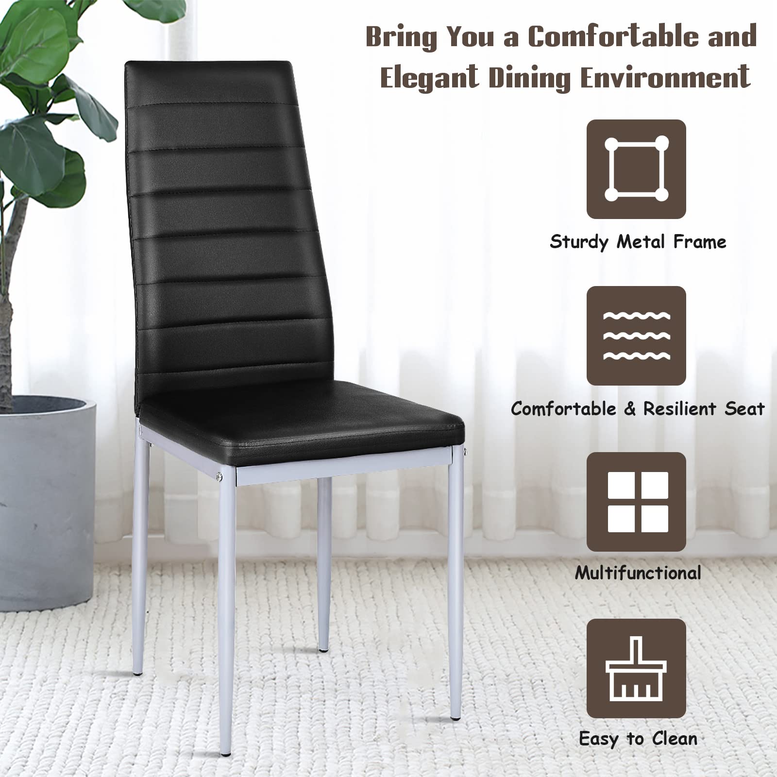KOTEK PU Leather Dining Chairs Set of 4 - Ergonomic High Back Upholstered Side Chairs with Sturdy Steel Frame - Perfect for Kitchen, Dining Room, Restaurant & Office Use (Black)