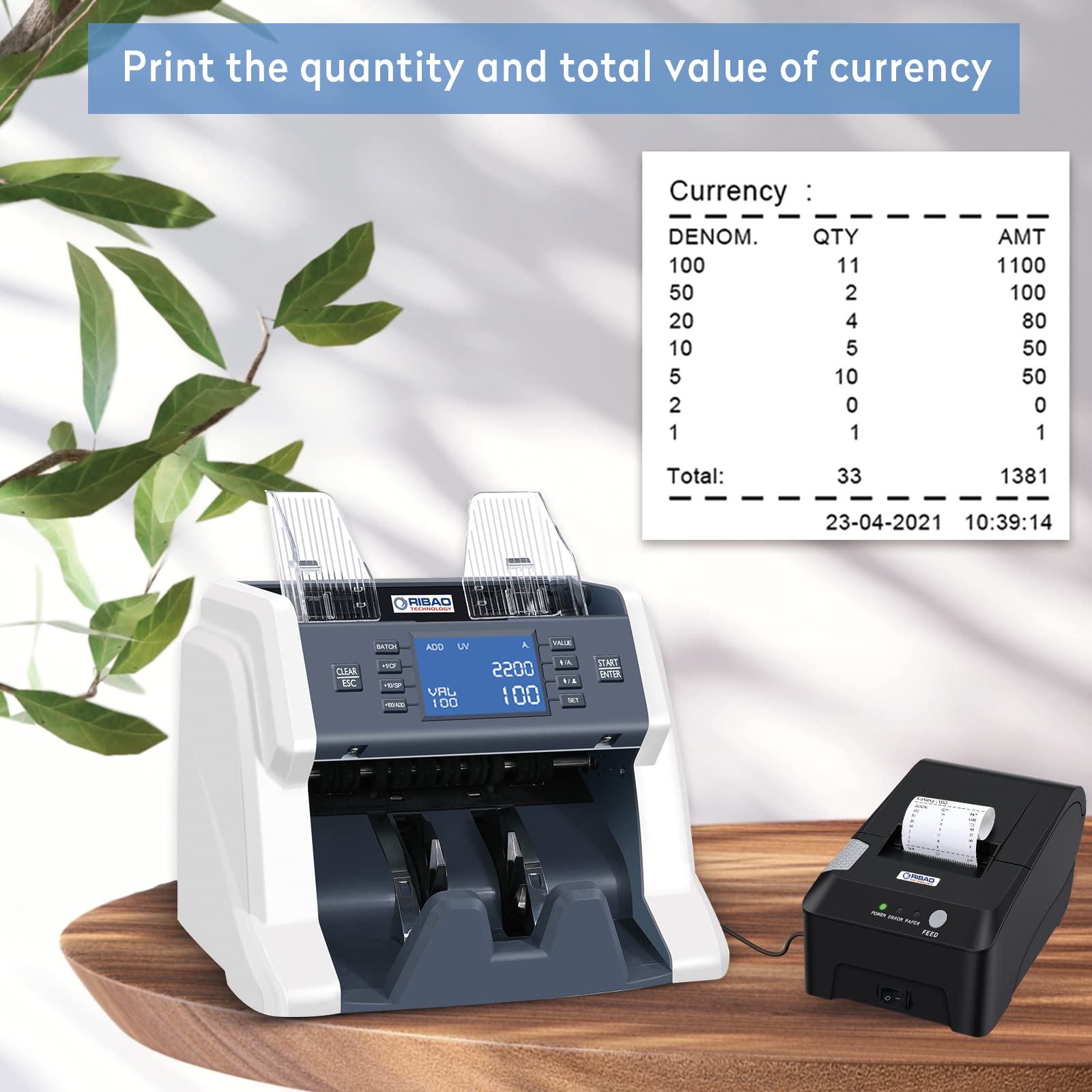 RIBAO 2023 Upgraded Money Counter Machine with UV/MG/IR/DD Detection - Preset Value Bill Counter, ADD & Batch Mode, Large Display & Printer - Perfect for Banks, Retail Stores, and Cash-Intensive Businesses