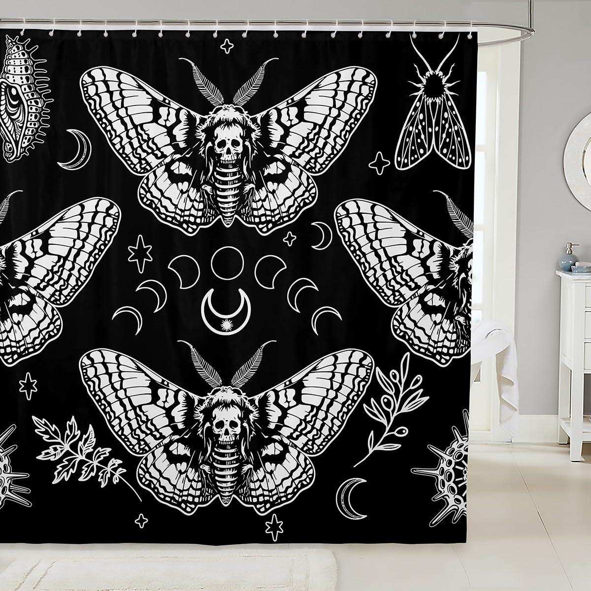 Gothic Skull Shower Curtain with Death Moth & Floral Print - Waterproof Bathroom Decor for Kids, Moon & Star Design - Includes 12 Hooks, Fits Standard Bathtub (72