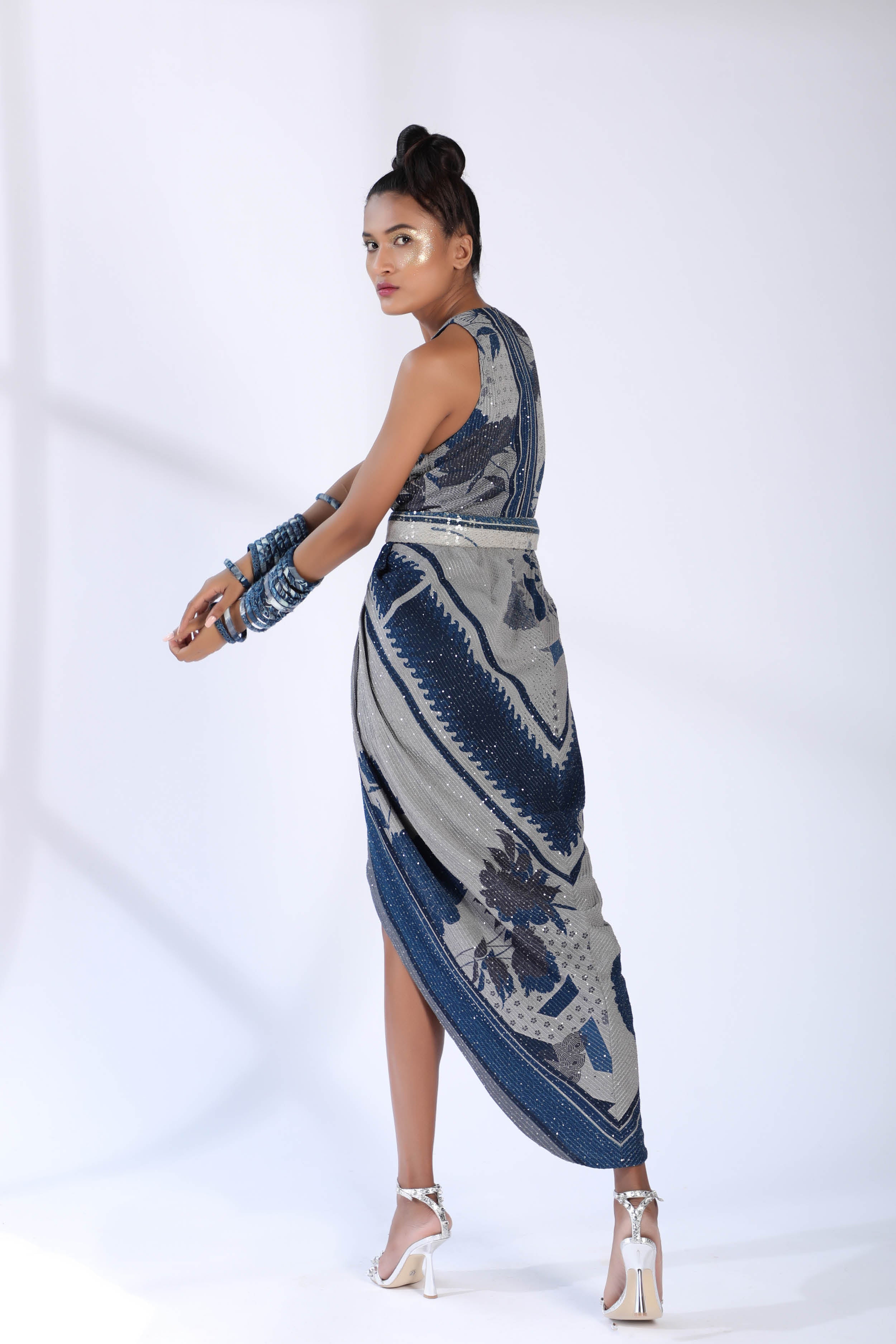 Elegant Indigo Blue Floral Print Wrap Dress with Belt - Perfect for Weddings, Parties & Special Occasions