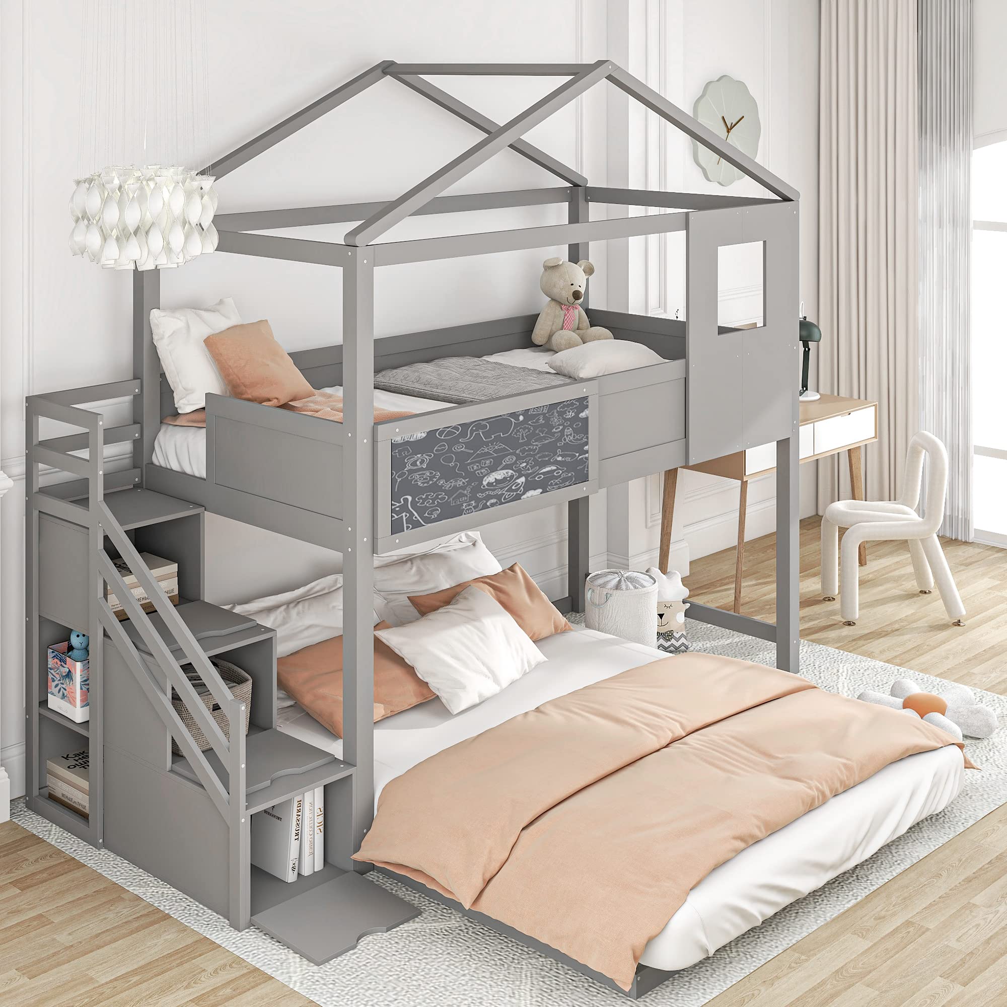 Kids L-Shape Bunk Bed with Storage & Blackboard - Twin Over Full Loft Bed for Playroom & Bedroom