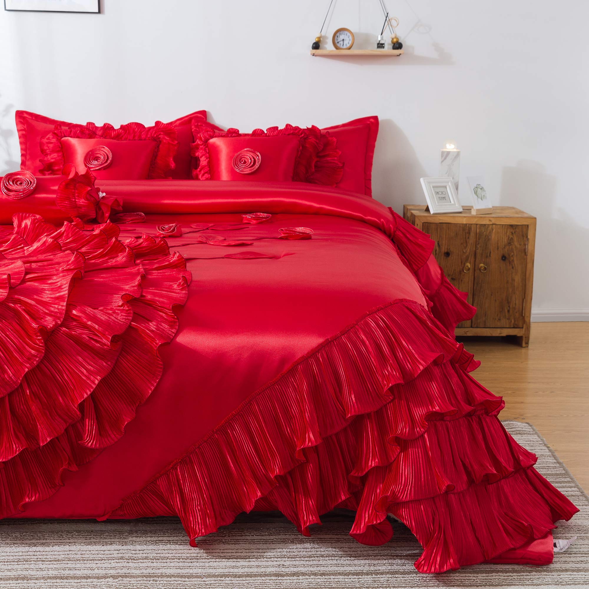 Tache Home Fashion VEHY4174-K Ruffled Comforter Bedding Set King Size Red - Luxury Bedroom Decor for Master Suite, Guest Room & Cozy Retreat