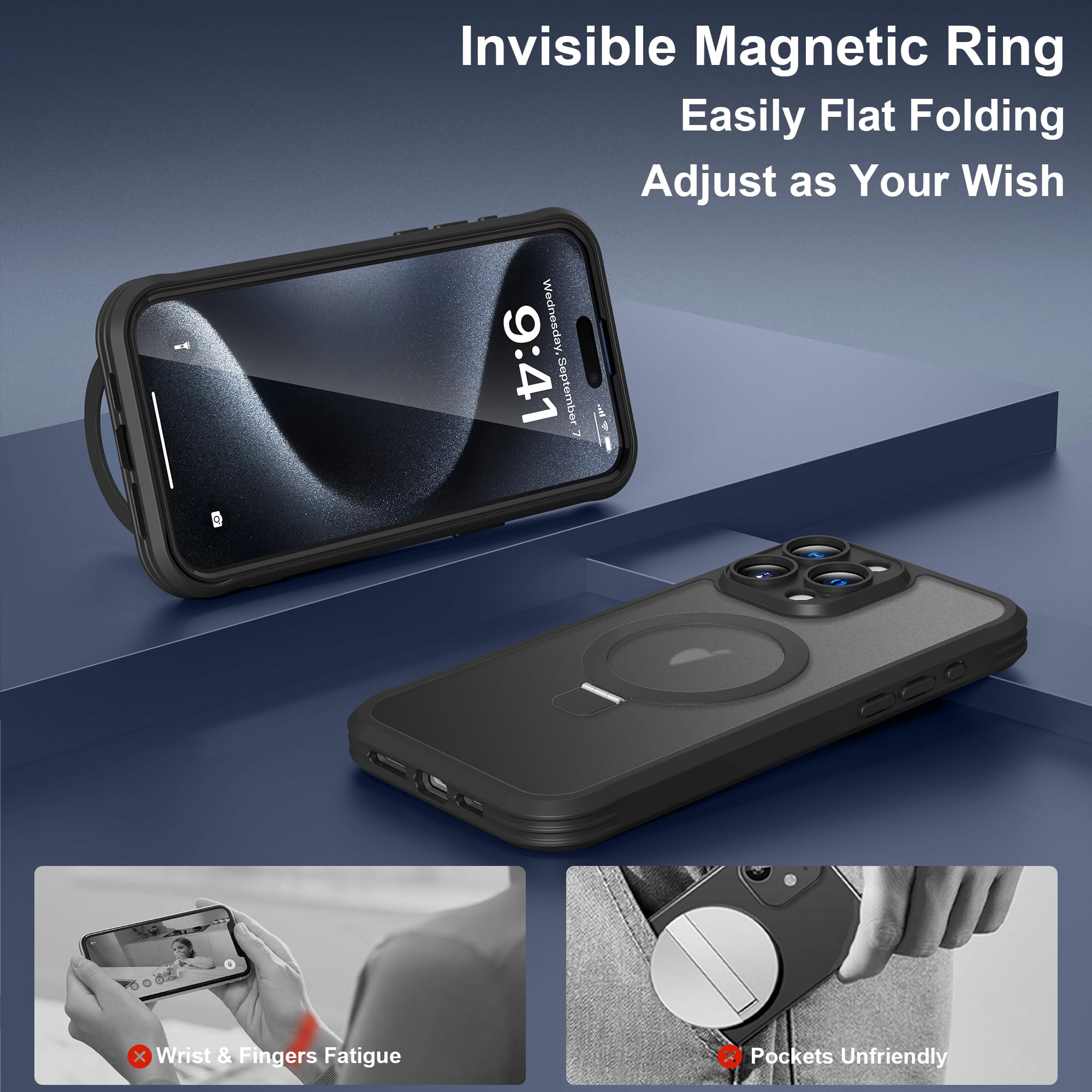 Magnetic Shockproof iPhone 15 Pro Max Case with Invisible Stand | MagSafe Compatible Translucent Matte Cover | Built-in Screen Protector for Men & Women | Perfect for Work, Travel & Outdoor Activities - Black