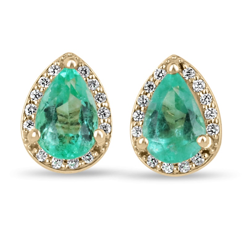 1.07tcw 14K Yellow Gold Teardrop Pear 8x6mm Genuine Emerald & Diamond Pave Halo Earrings for Women - Elegant Dangle Earrings for Weddings, Parties & Special Occasions