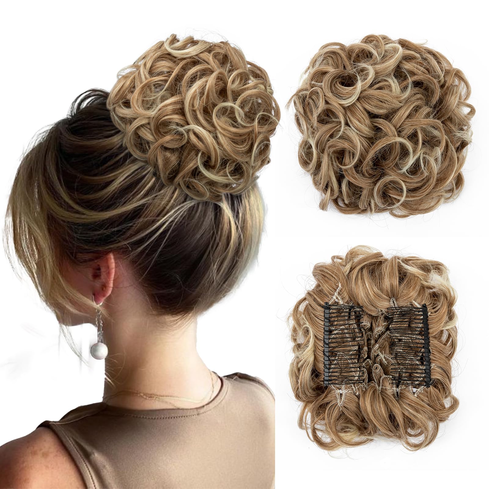 Benehair Messy Bun Hair Piece with Combs - Clip in Bun Scrunchie for Women | Easy Stretch Big Chignon, Fluffy Wavy Hair Updo (90g) | Perfect for Short Ponytail, Light Auburn to Bleach Blonde | Great for Weddings, Parties & Everyday Hairstyles
