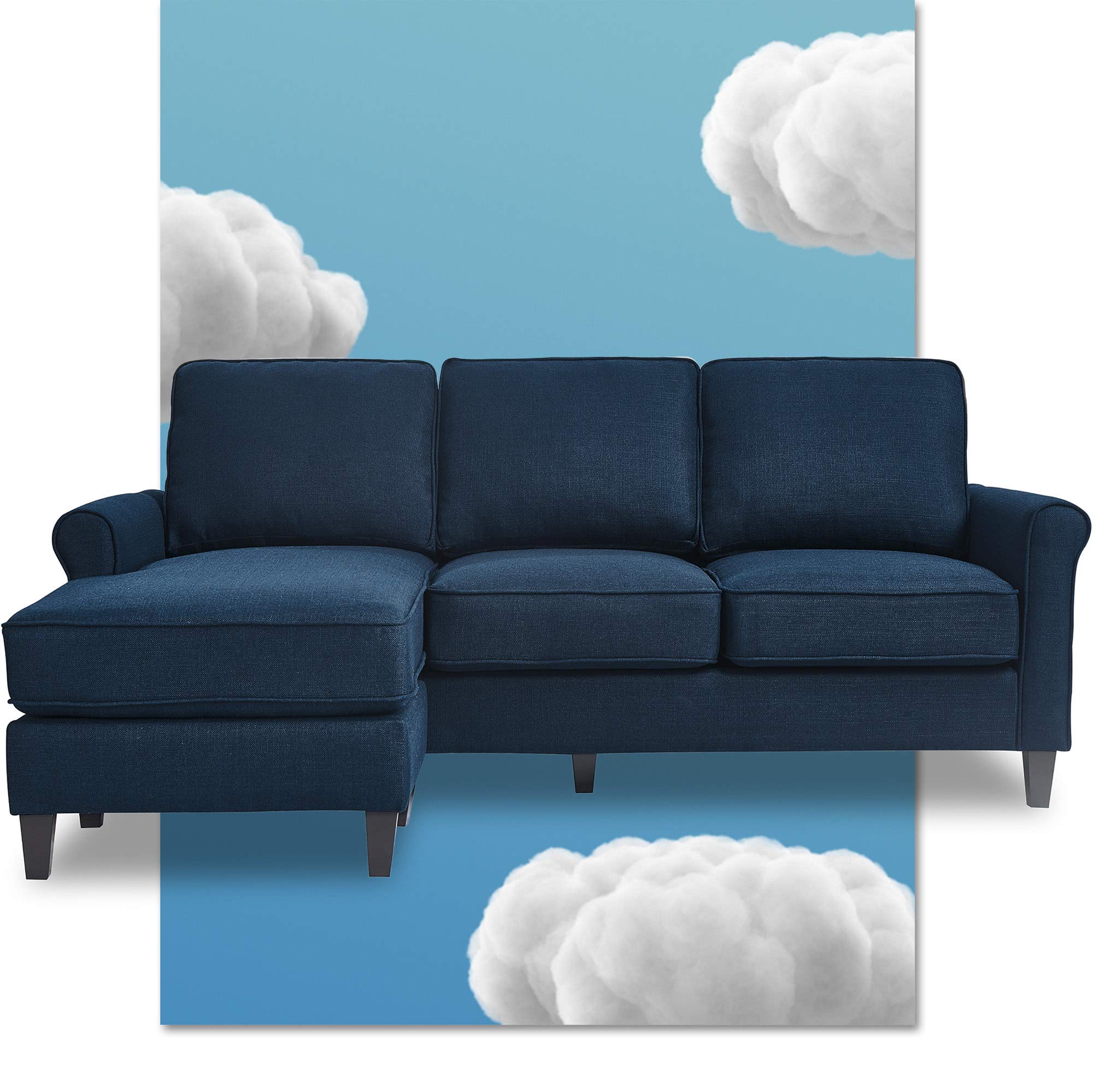 Serta Harmon Rolled Arm Reversible L-Shaped Sectional Sofa - Modern 3-Seater Fabric Couch in Dark Blue for Living Room | Comfortable Lounge Furniture for Family Gatherings & Movie Nights