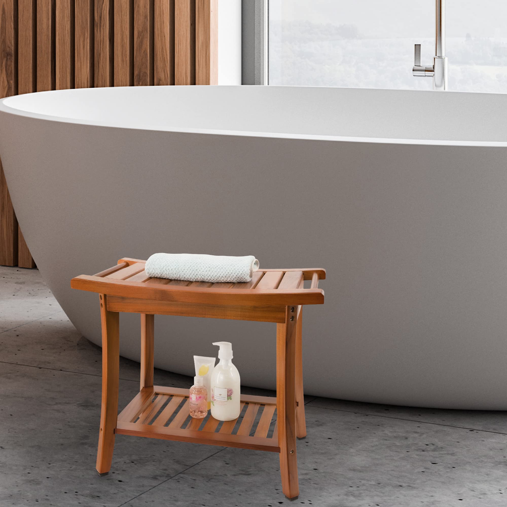 Premium Teak Shower Bench Seat with Large Bath Mat - Spa Quality Portable Bath Stool for Indoor & Outdoor Use - Perfect for Bathroom, Sauna, Poolside & Relaxation