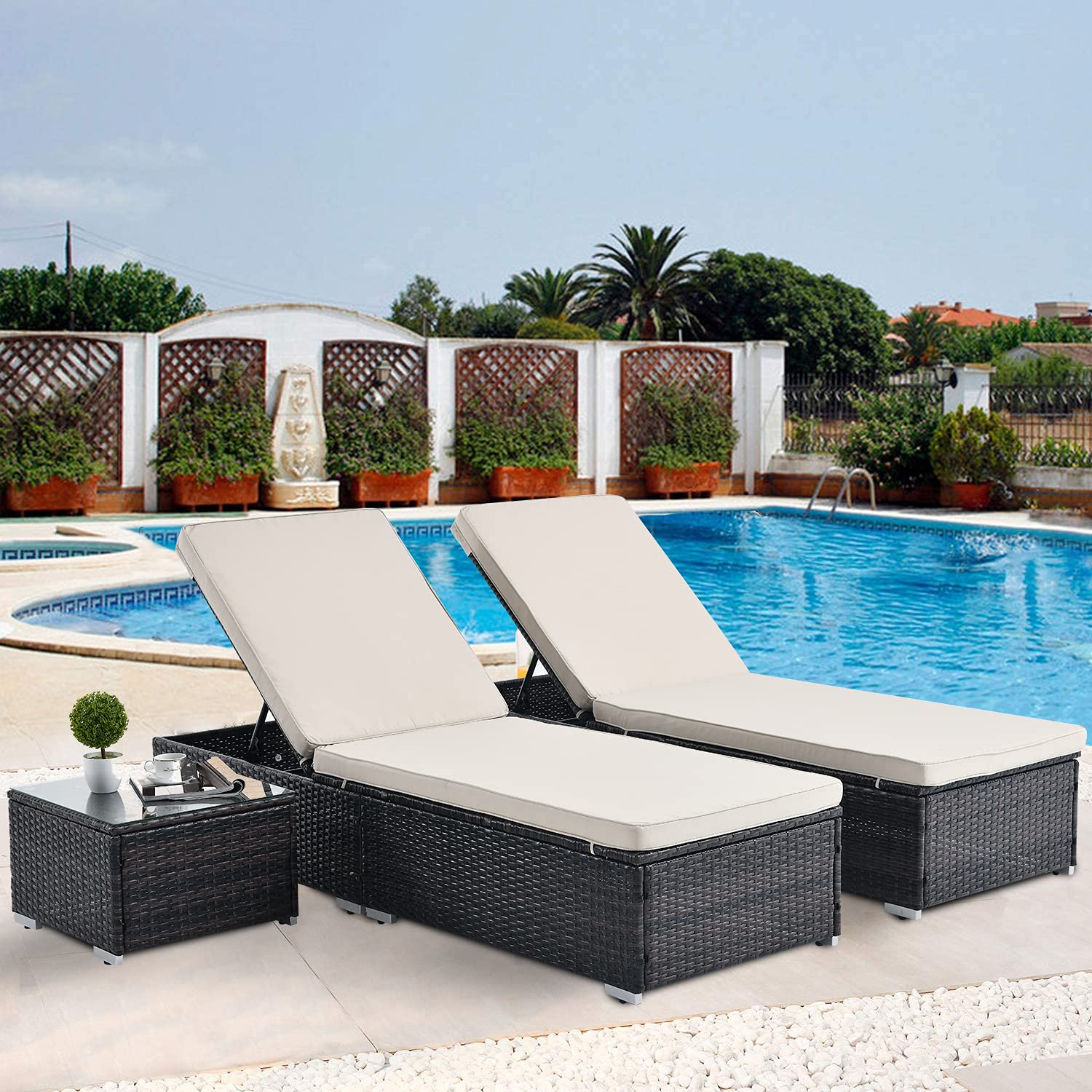 KORUITEN 2-Piece Outdoor Chaise Lounge Set with Coffee Table - Rattan Wicker Poolside Patio Furniture for Backyard, Garden & Beach Relaxation