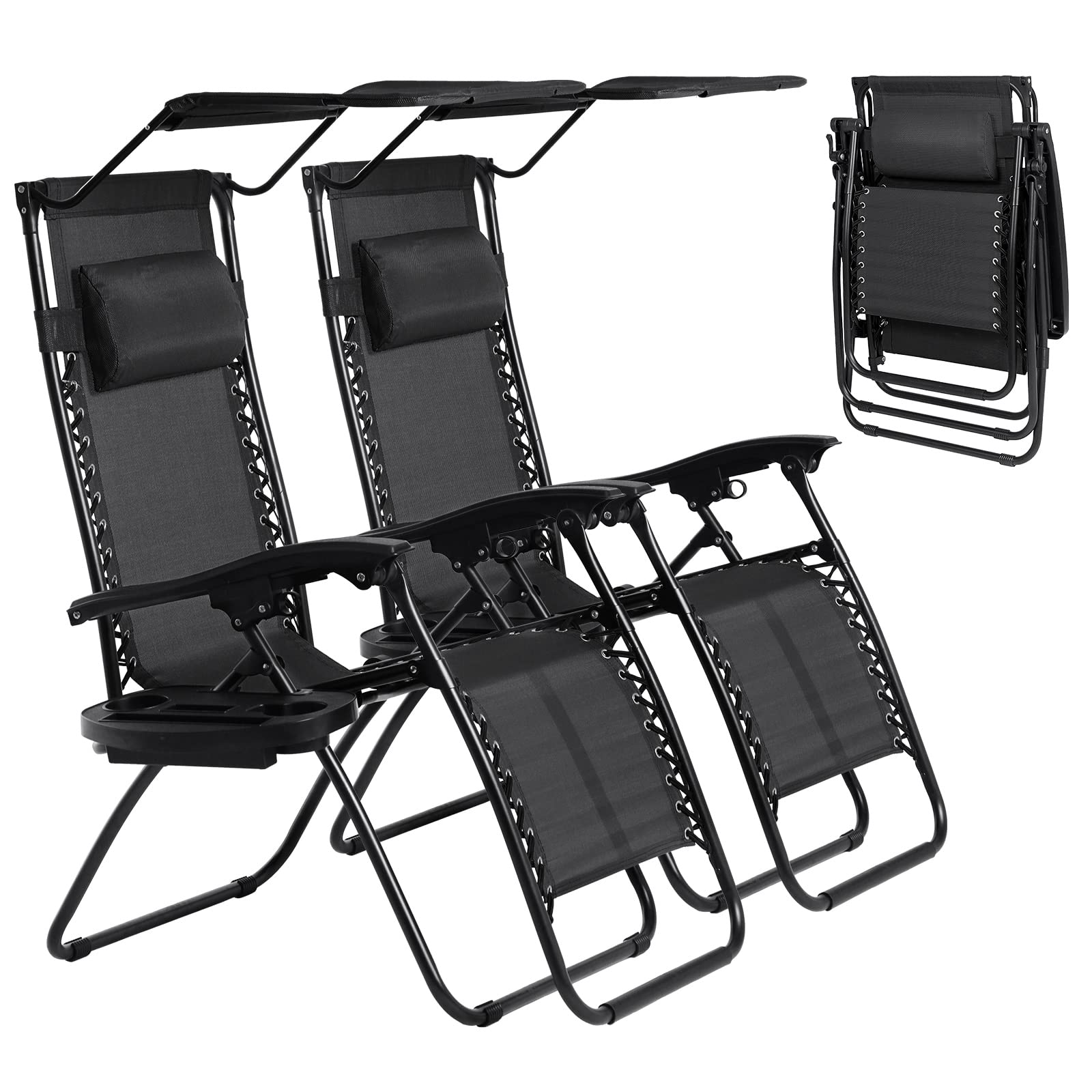 Pazidom Zero Gravity Chair Set of 2 - Adjustable Reclining Lounge Chair with Sunshade Canopy, Pillow & Cup Holder - Foldable Outdoor Patio Furniture for Backyard, Poolside, Camping & Beach Relaxation (Black)