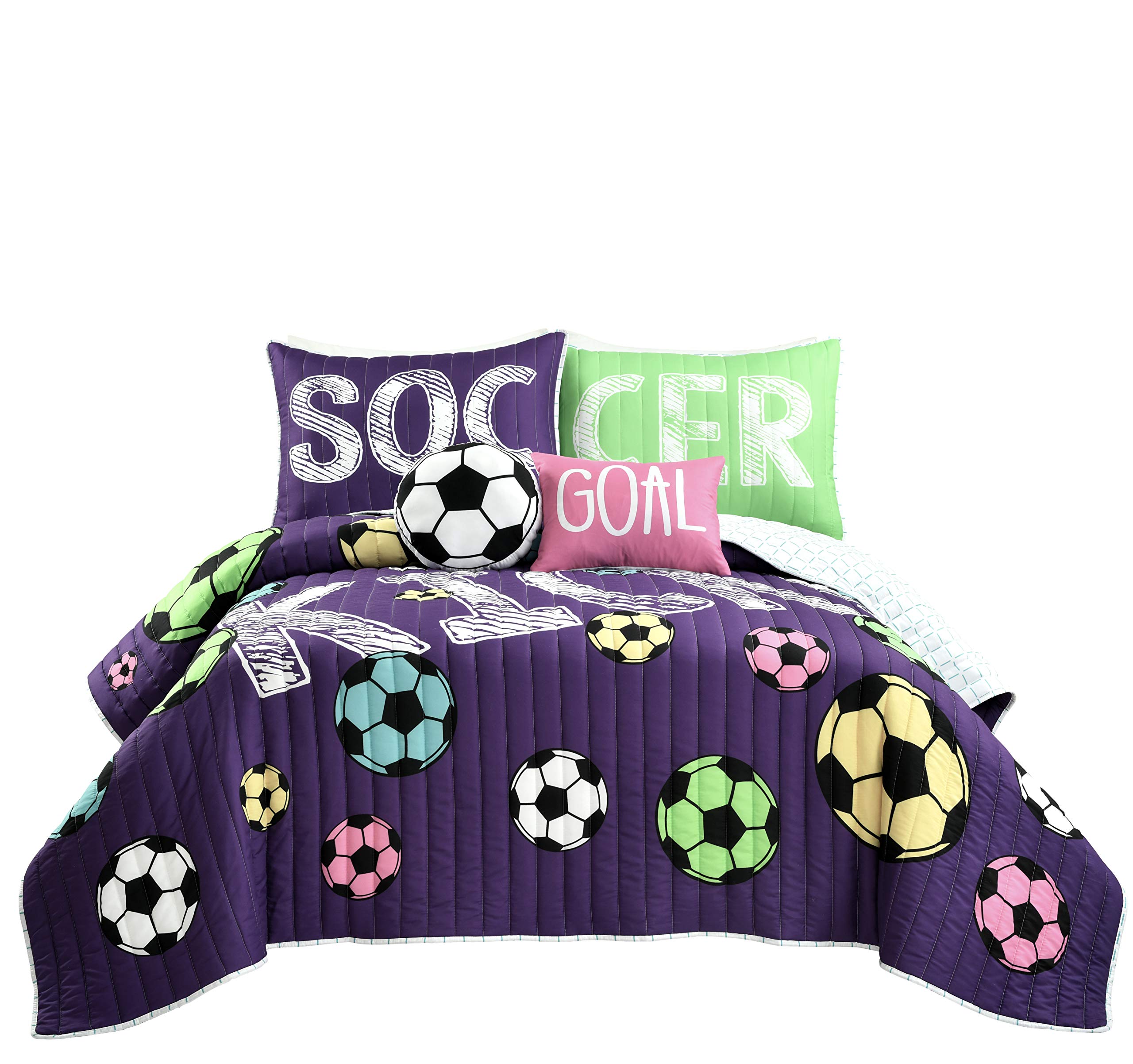 Lush Decor Girls Soccer Bedding Set - 5 Piece Full/Queen Reversible Comforter Quilt with 2 Pillow Shams & 2 Accent Pillows - Purple - Perfect for Kids' Bedrooms, Teen Rooms & Sports-Themed Decor
