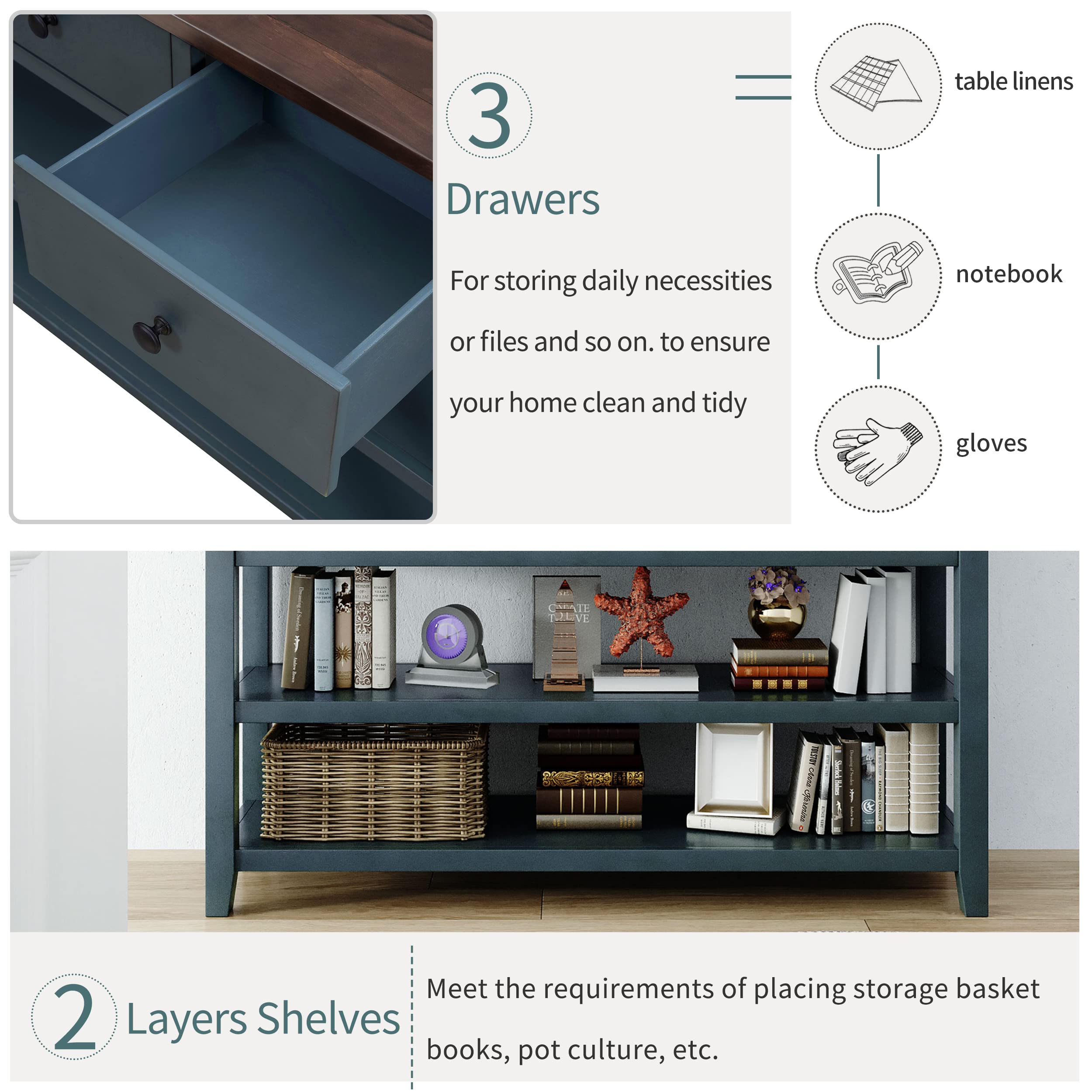Merax 63-Inch Extra Long Console Table with 3 Drawers & 2-Tier Shelves - Modern Entryway Sofa Table for Hallway, Living Room & Bedroom - Space-Saving Narrow Hall Table in Navy Blue
