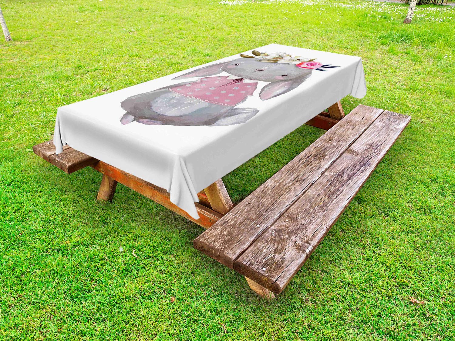 Ambesonne Floral Outdoor Tablecloth - Oil Painting Style Summer Hare with Flower Crown & Pink Cheeks, Washable Picnic Table Cover 58