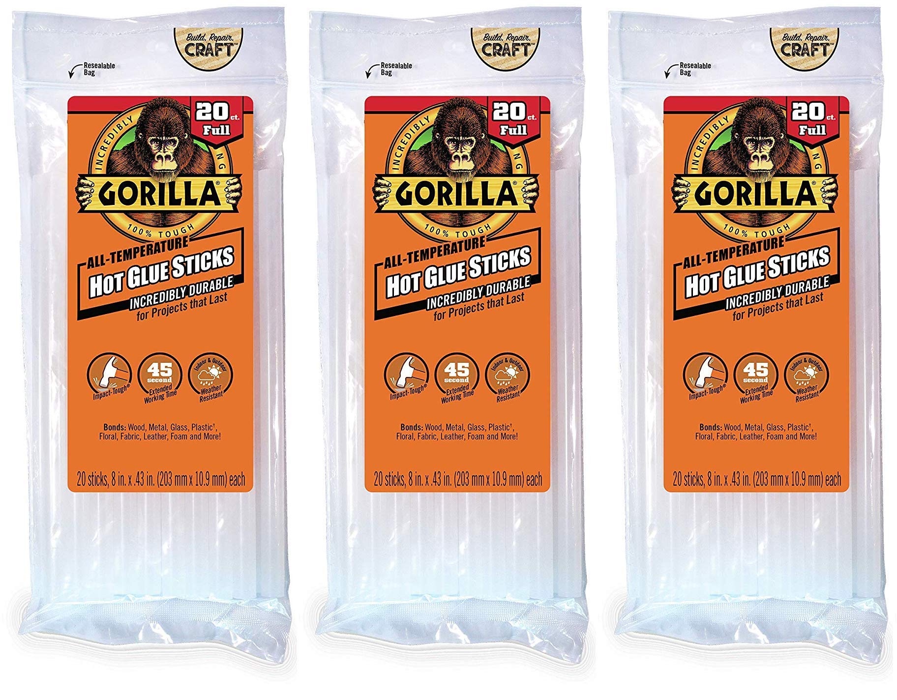 Gorilla Hot Glue Sticks - 20 Count, 8 Inch Full Size Clear Adhesive for DIY Crafts, Woodworking, Home Repairs & School Projects (3 Pack)