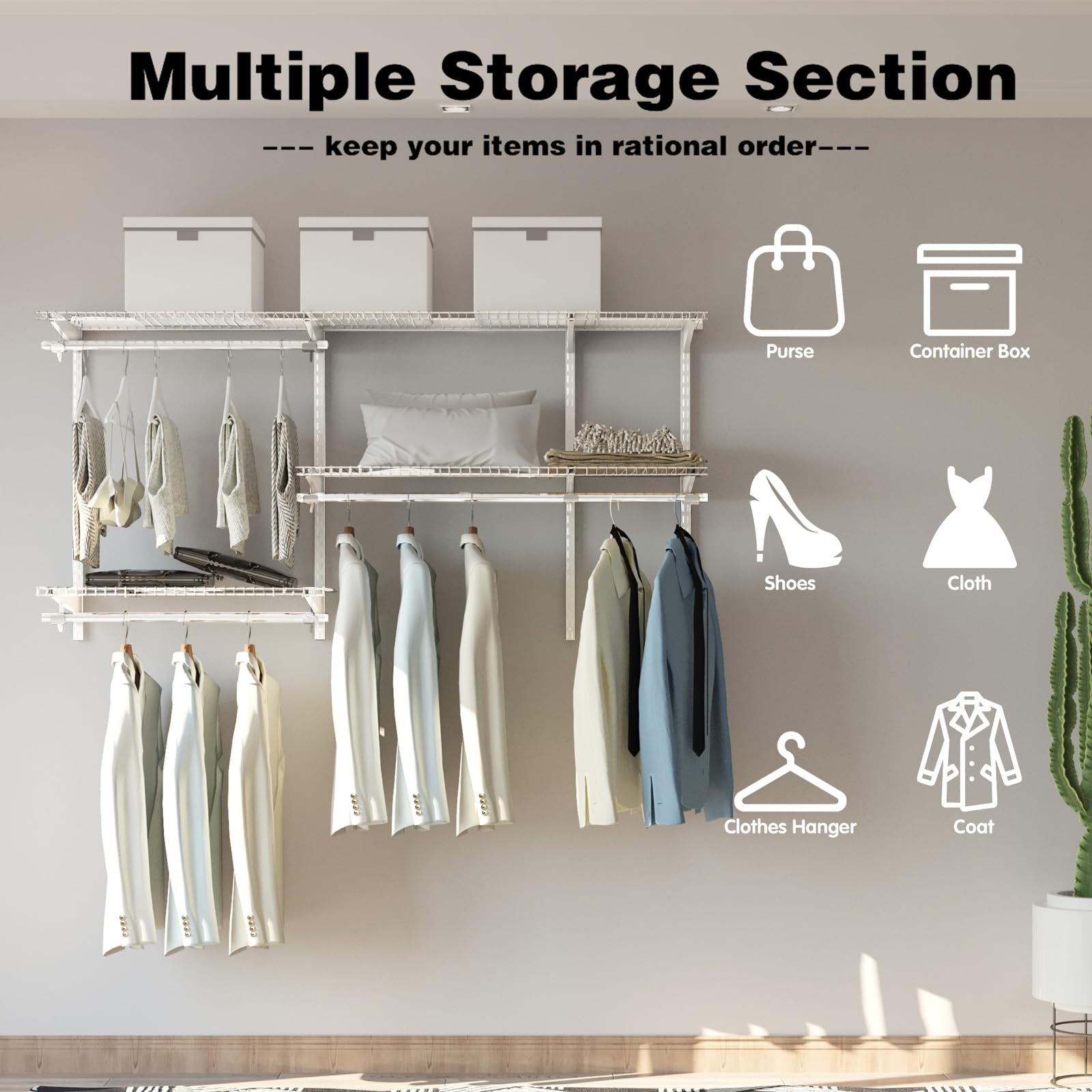 Tangkula 3-5 FT Adjustable Wall-Mounted Closet Organizer System Kit with Wire Shelves & Hanging Rods - Customizable Storage Solution for Bedroom, Walk-In Closet & Small Space Organization