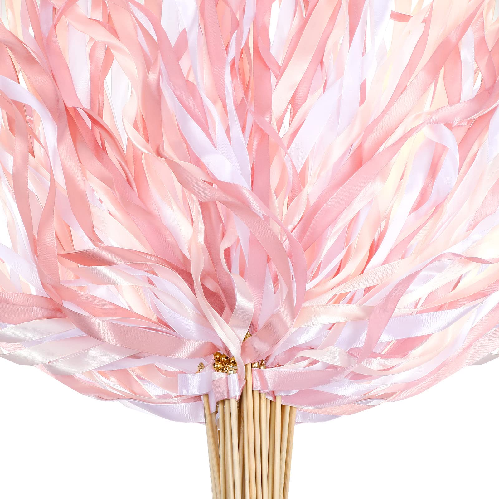 100-Piece Colorful Lace Ribbon Wedding Wand Sticks with Bells - Silk Fairy Streamers for Wedding Decorations, Birthday Parties, Baby Showers & Holiday Celebrations (Pink, White, Nude)