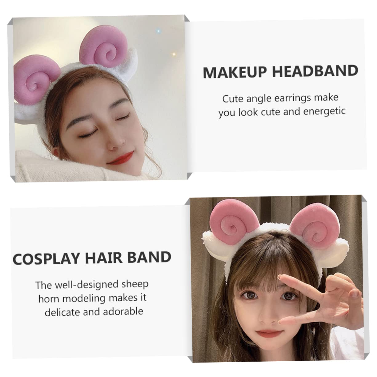 4 Pcs Croissant Headband Hair Bands for Women - Soft Sheep Ears & Alpaca Horns Hair Accessories - Cute Pink Animal Headbands for Dress Up, Cosplay & Themed Parties