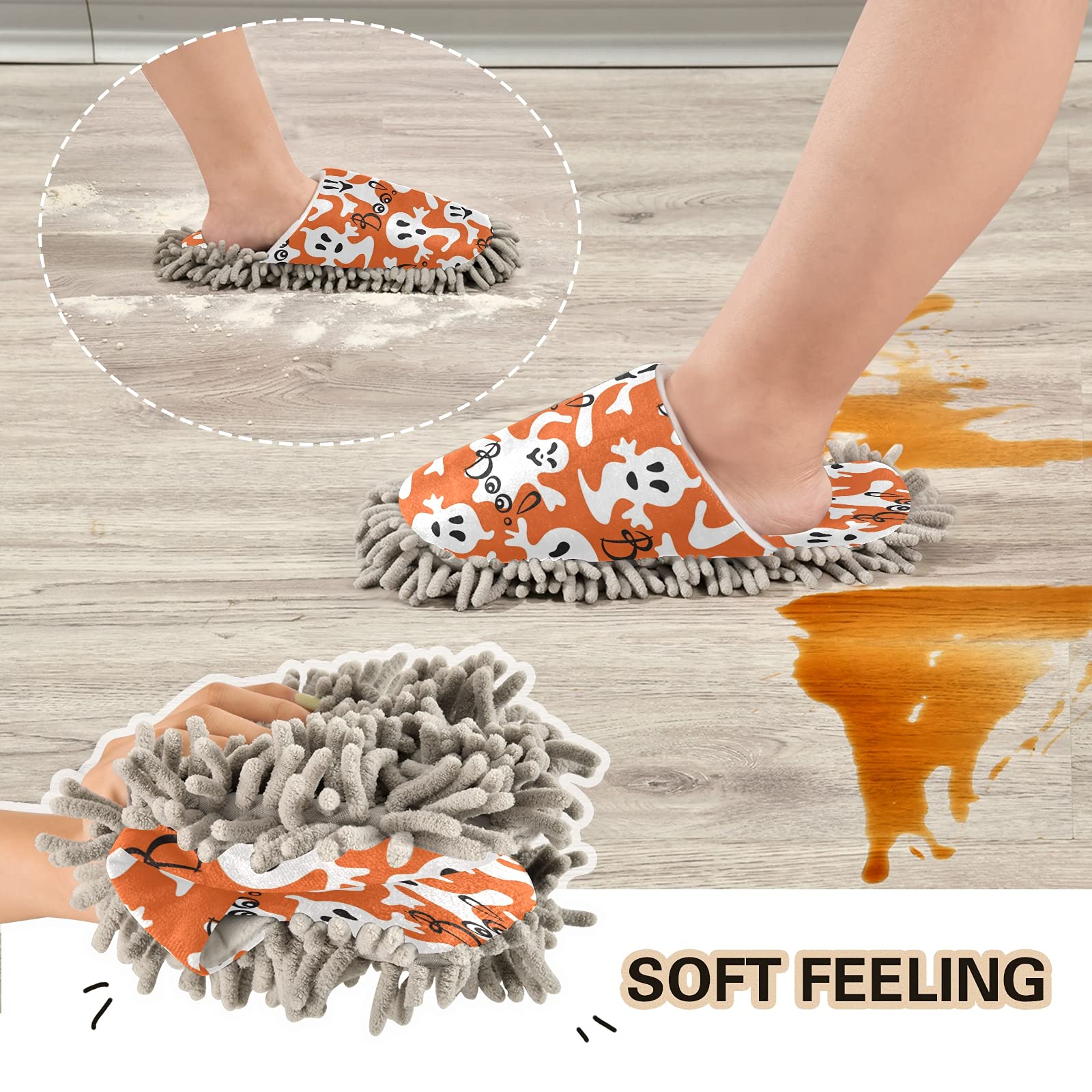 Halloween Ghost Mop Slippers - Cute Boo Witch Hat House Shoes for Men & Women | Dust Cleaning Spa Slippers for Home, Parties & Costume Fun