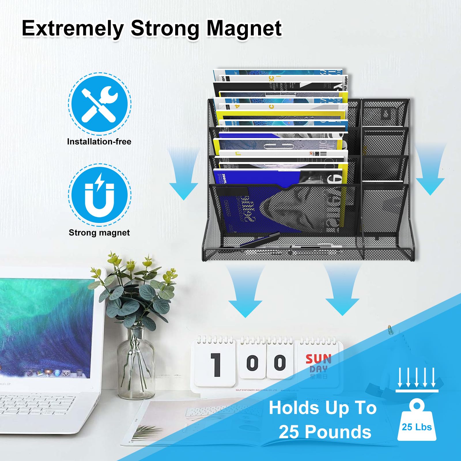 5-Tier Magnetic File Organizer with R-Shaped Bottom Tray - Hanging Mail & Document Holder for Office & Home - Includes 4 Pen Holders - Perfect for Desk Organization, Wall Storage & Paper Management (Black)