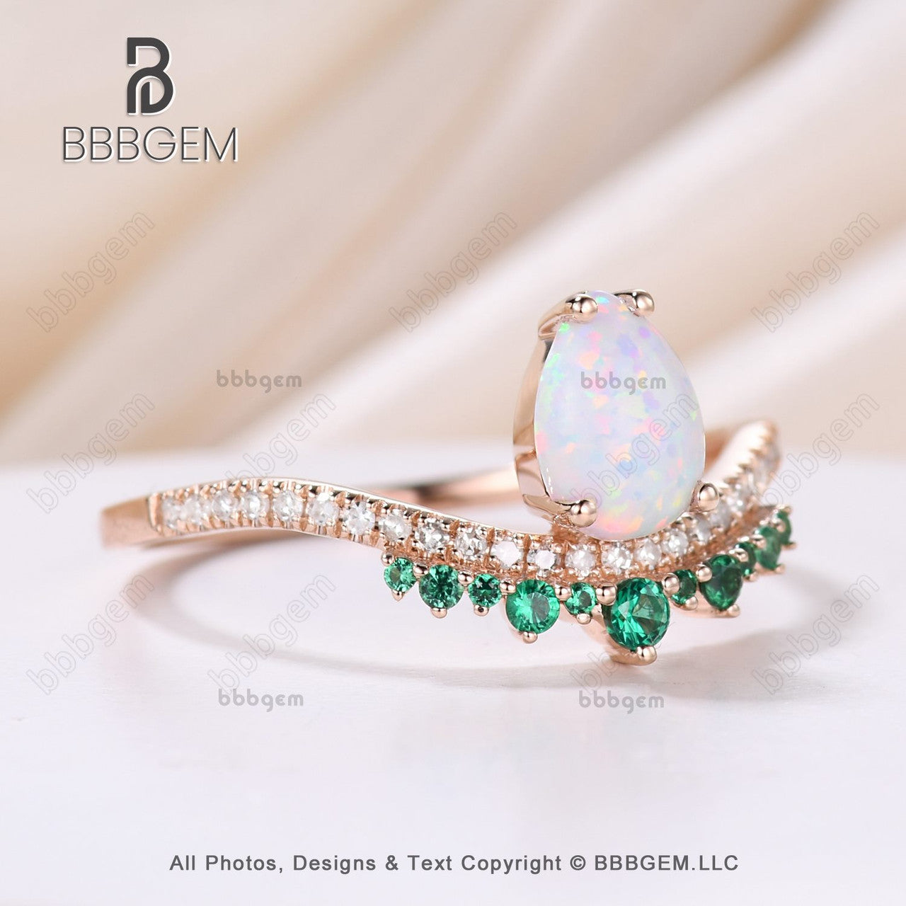 Vintage Opal Emerald Engagement Ring - October Birthstone Art Deco Rose Gold Diamond Wedding Band for Women - Perfect for Proposals, Anniversaries & Special Occasions