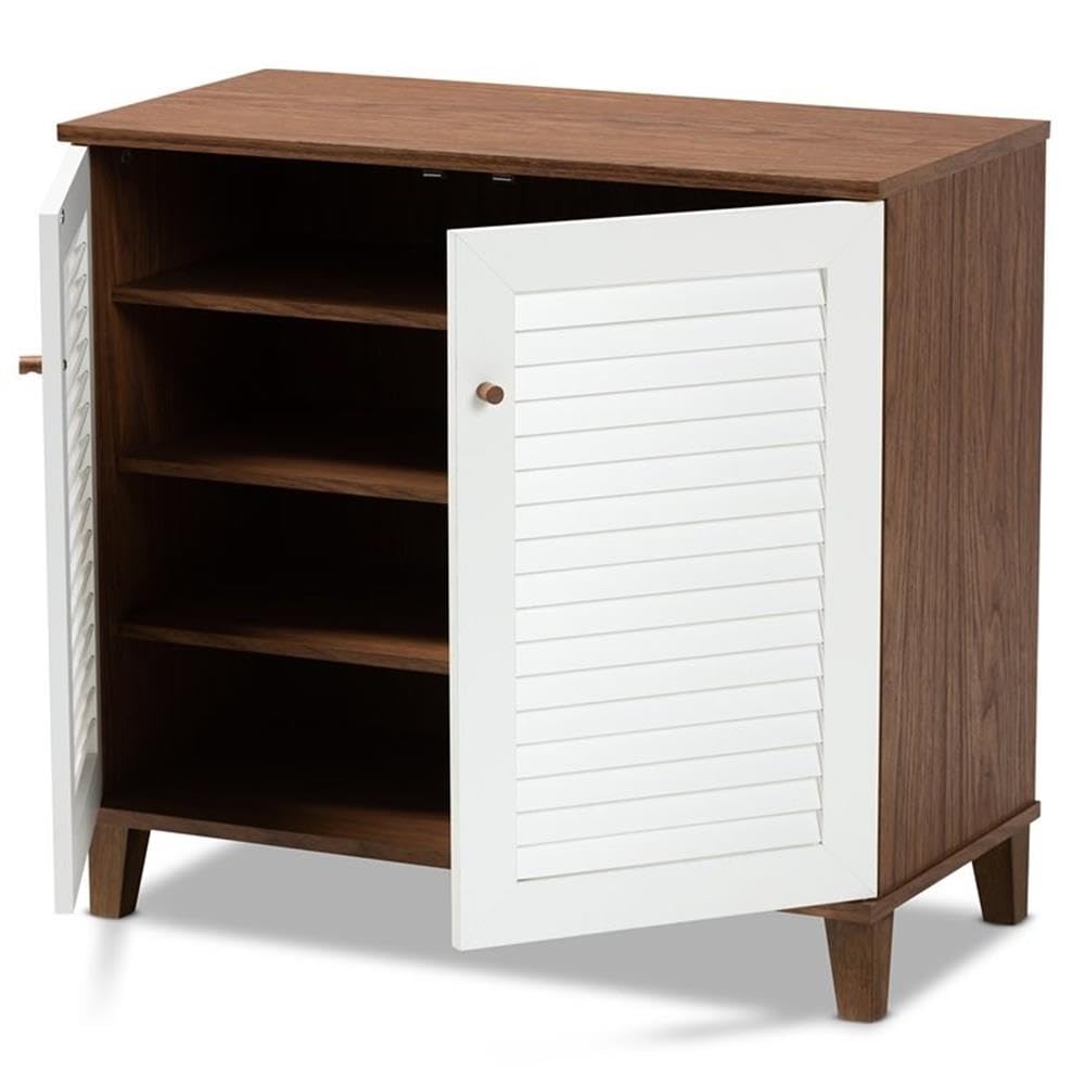 BOWERY HILL Modern 2-Door Shoe Cabinet - White & Walnut Shoe Storage Organizer Holds 12 Pairs - Perfect for Entryway, Bedroom or Closet Organization