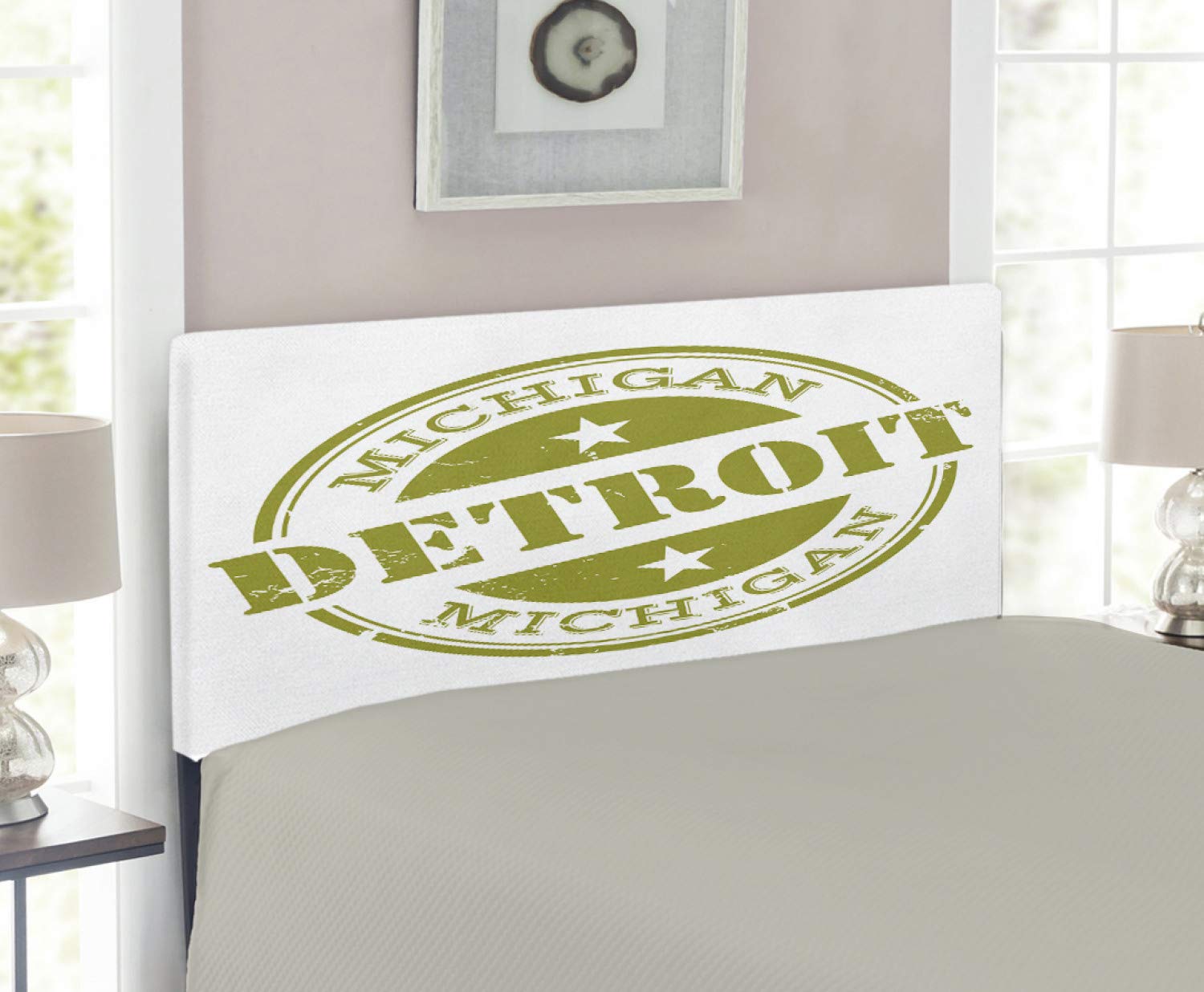 Ambesonne Detroit Vintage Grunge Headboard - Michigan Stamp Retro Design with Stars, Upholstered Metal Bed Frame with Memory Foam | Twin Size Olive Green & White | Perfect for Bedroom Decor, Guest Rooms & Airbnb Stays