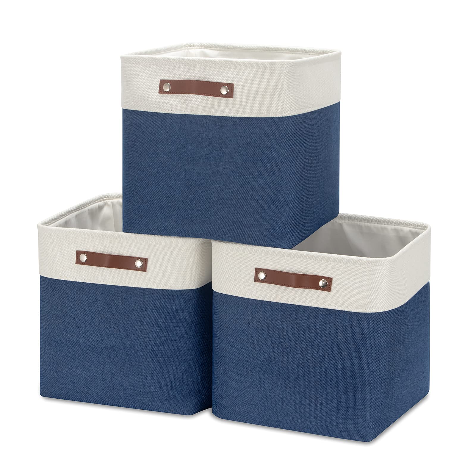 3-Pack Fabric Storage Cubes & Bins - 13x13 Collapsible Organizer Baskets with Leather Handles (White & Blue) | Perfect for Shelves, Closets & Toy Storage | Home Organization & Nursery Decor